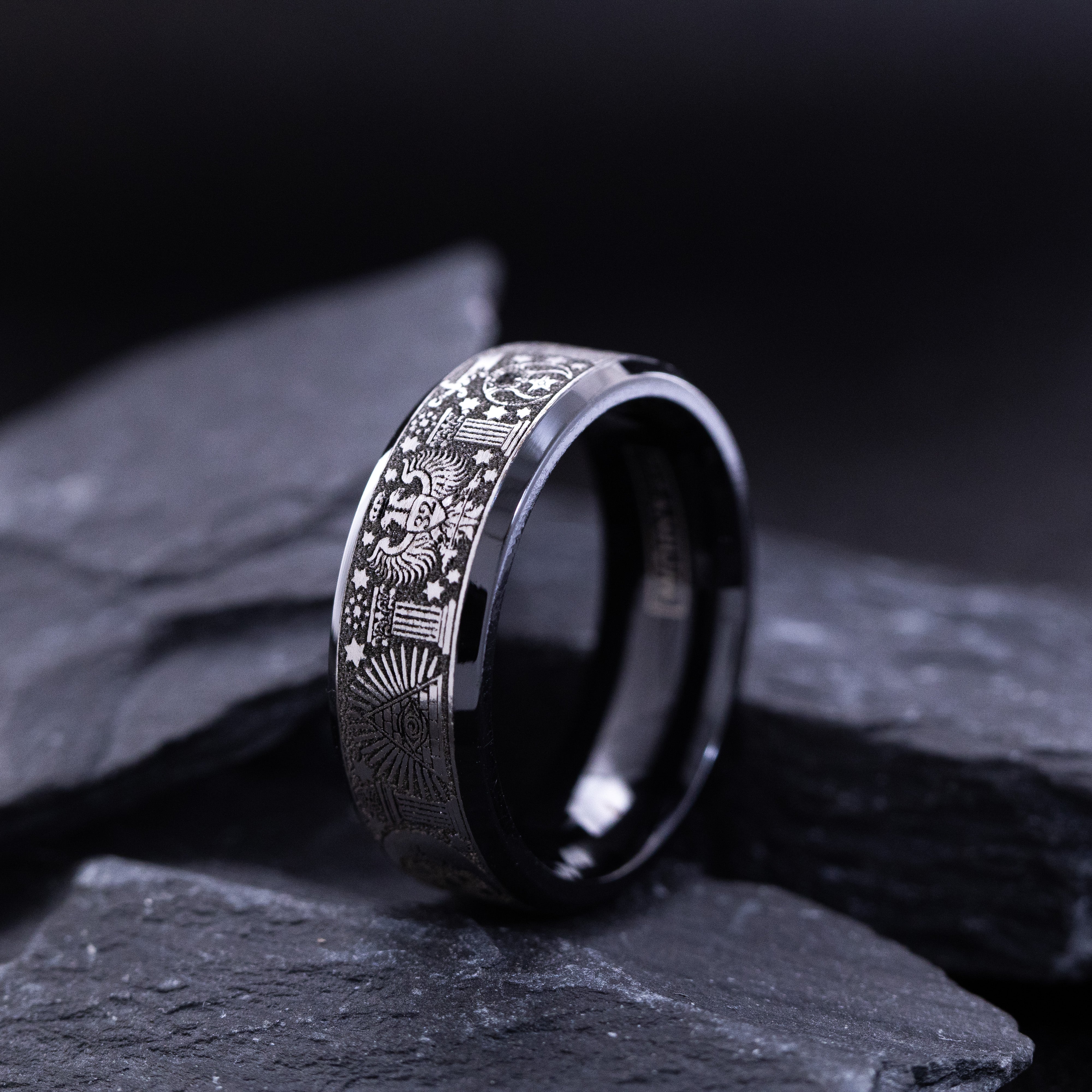 8mm Black Titanium Band with Deep Engraved Masonic Symbols