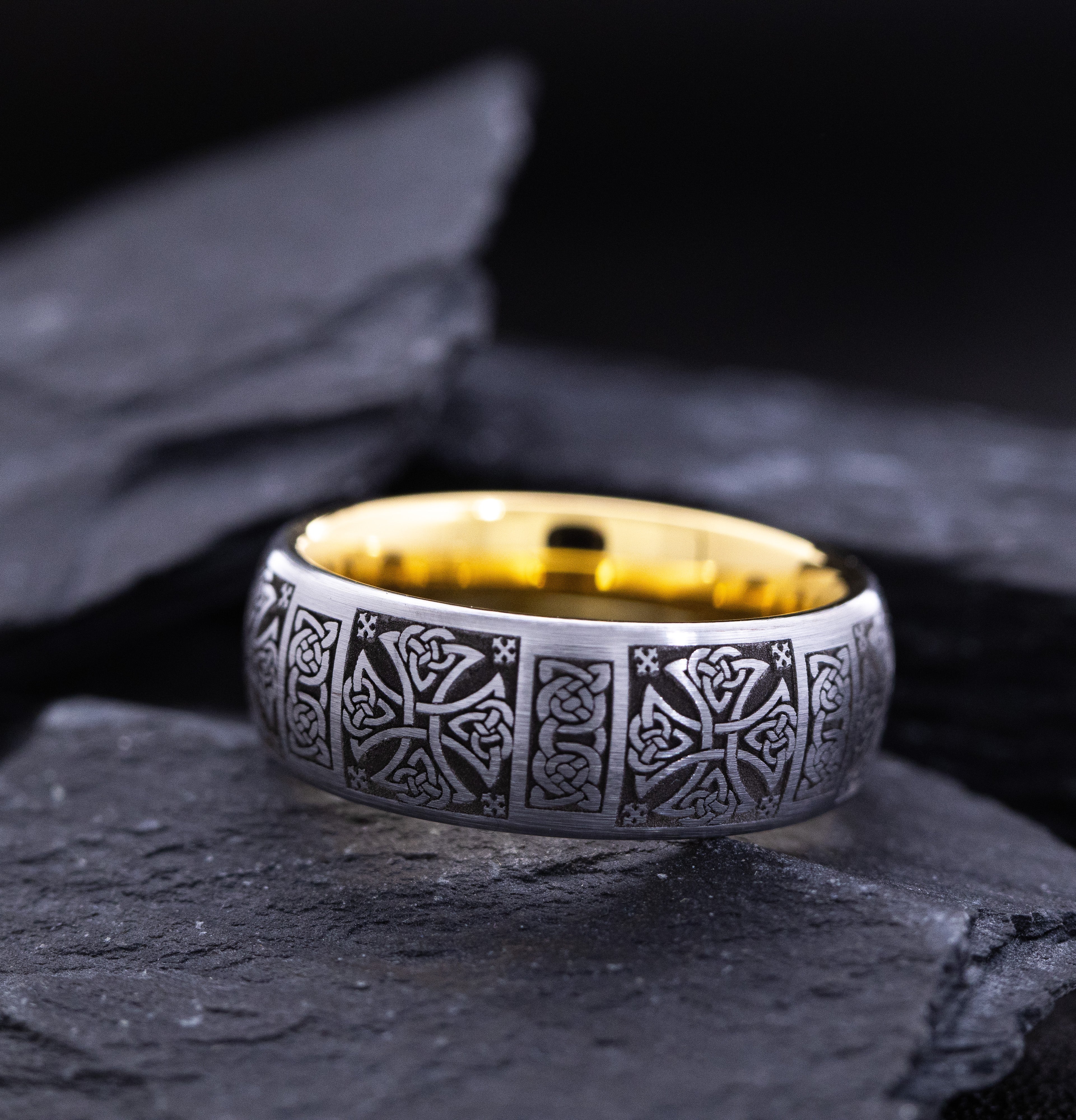 8mm Yellow Gold Plated Tungsten Carbide Band with Deep Engraved Celtic Patterns