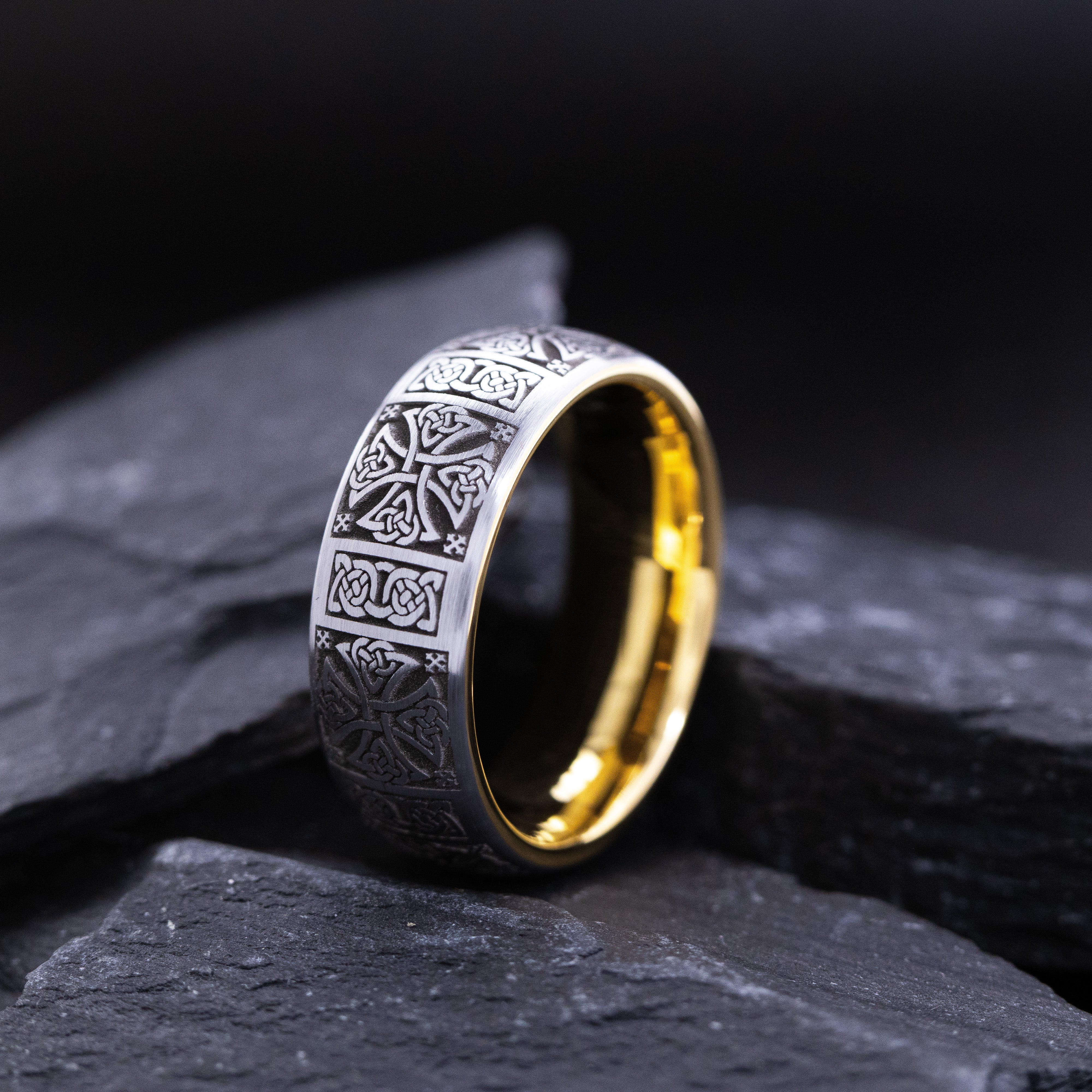 8mm Yellow Gold Plated Tungsten Carbide Band with Deep Engraved Celtic Patterns