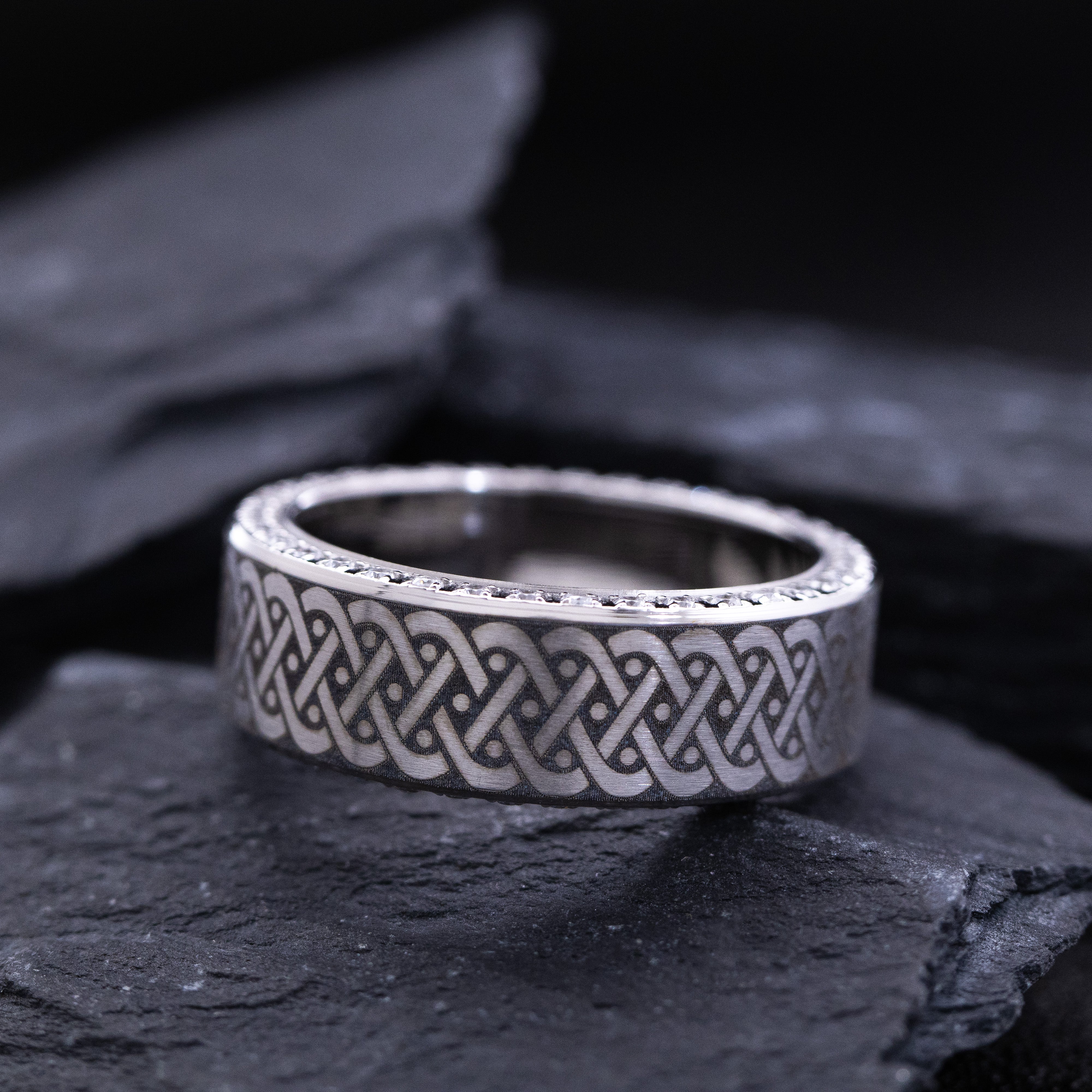 8mm Titanium Band with Engraved Celtic Pattern and CZ Gemstones