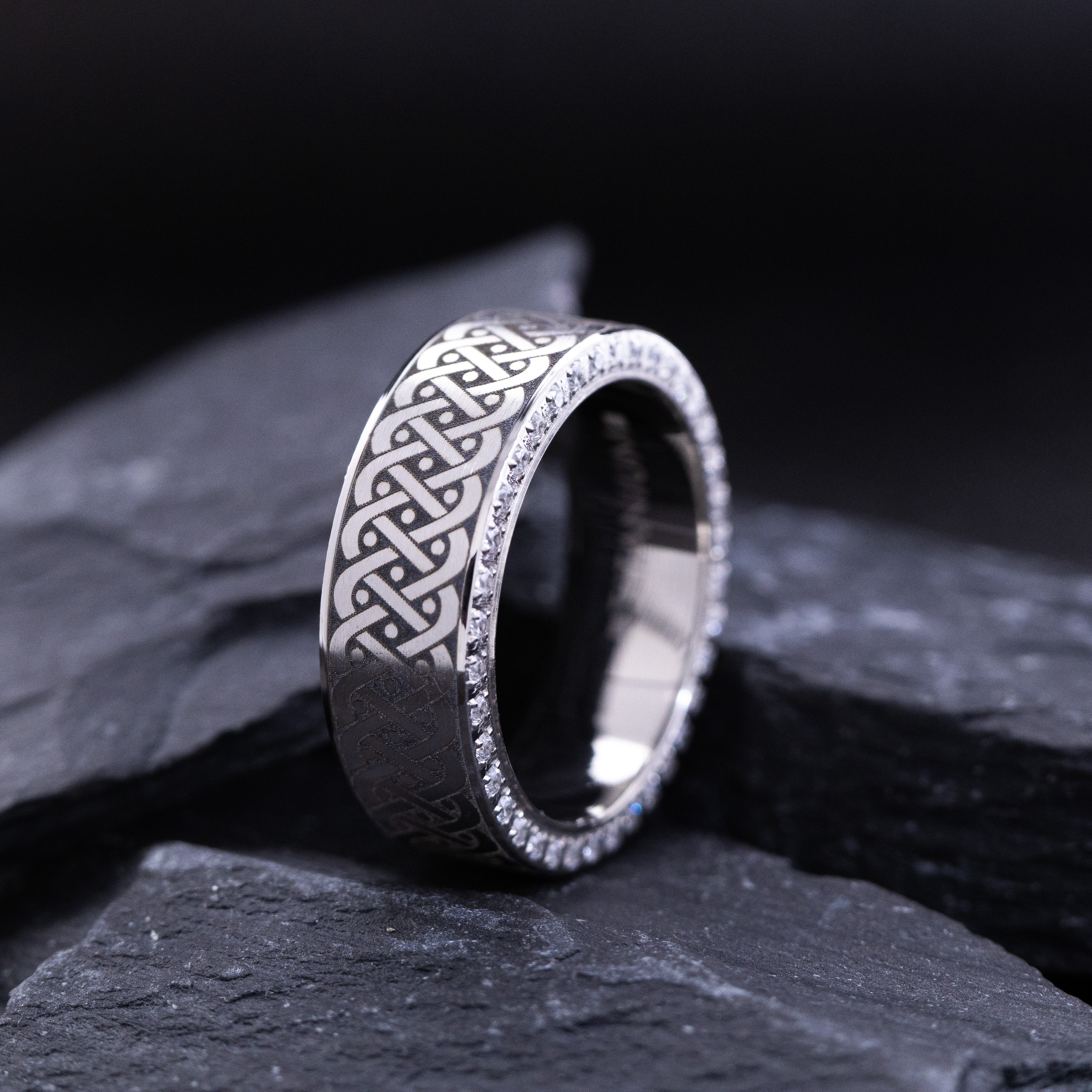 8mm Titanium Band with Engraved Celtic Pattern and CZ Gemstones