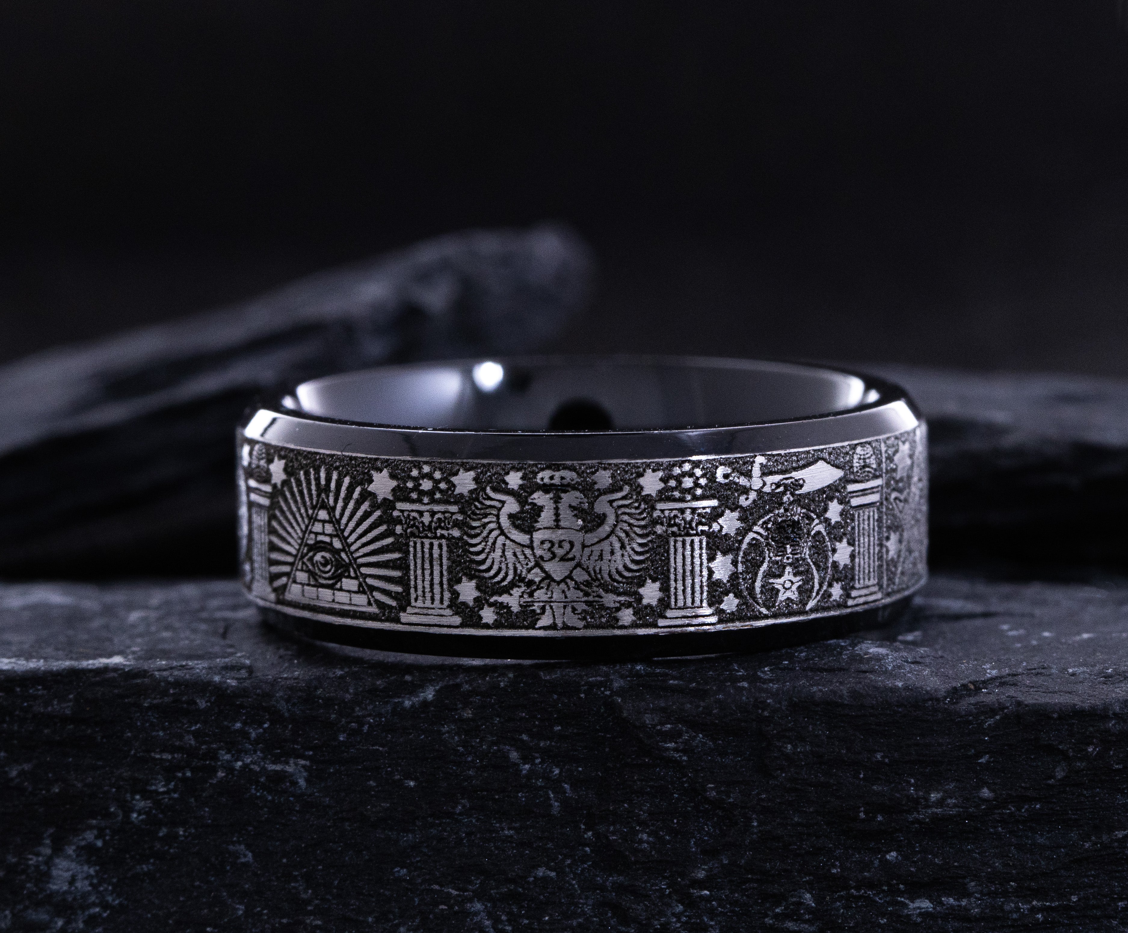 8mm Black Titanium Band with Deep Engraved Masonic Symbols