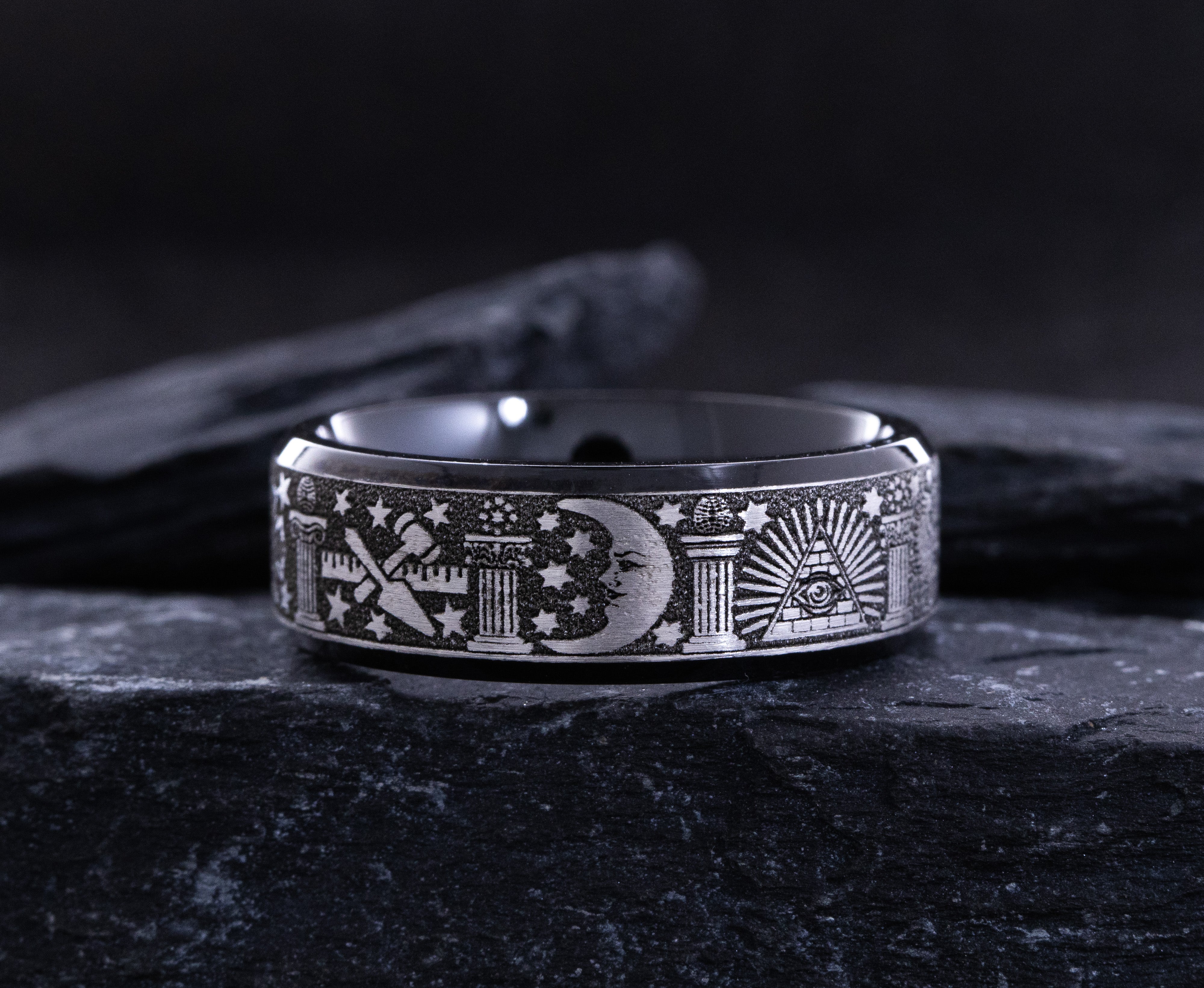 8mm Black Titanium Band with Deep Engraved Masonic Symbols