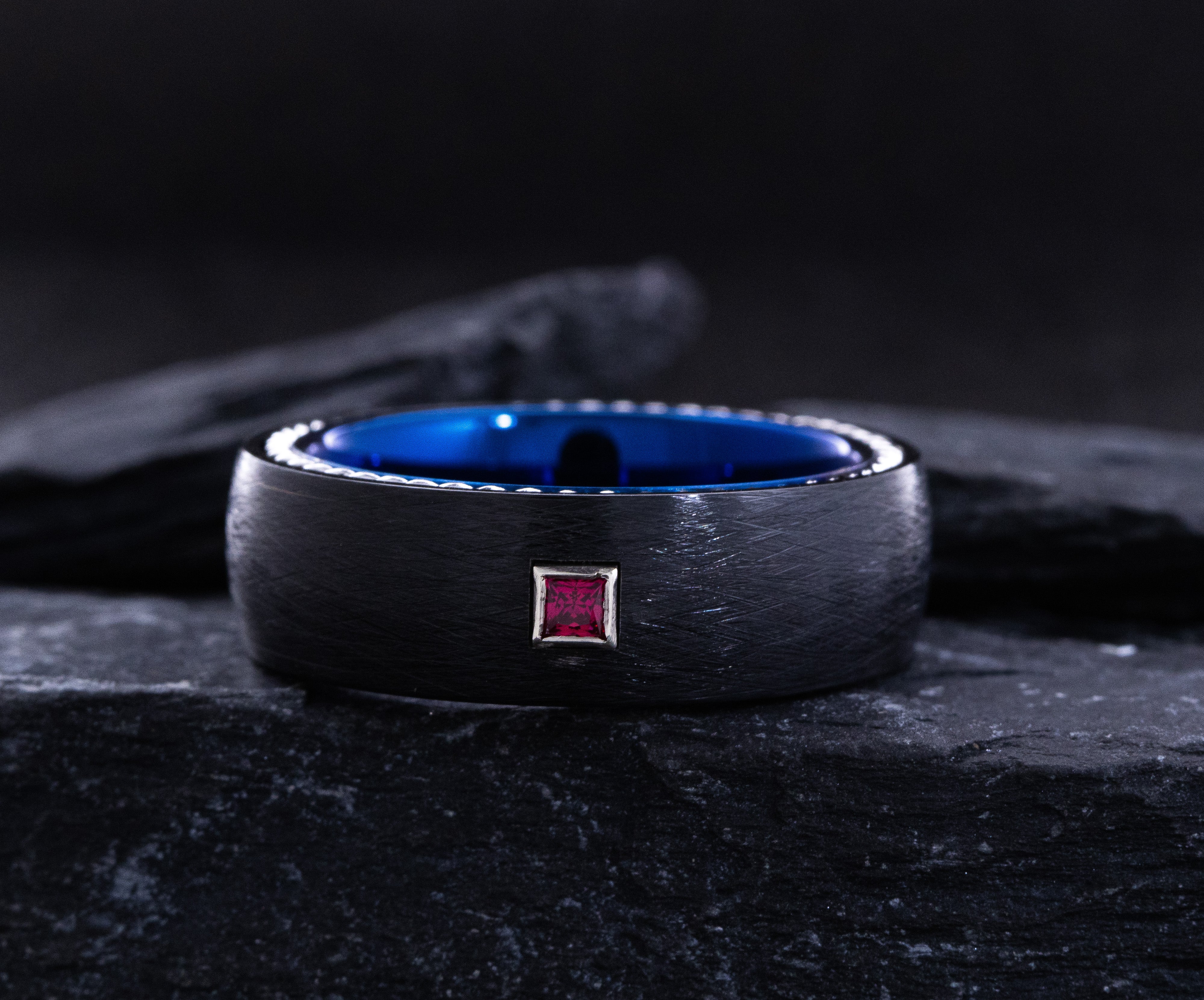 8mm Blue and Black Tungsten Carbide Ring with Princess Cut Gemstone and Twisted Rope Edges