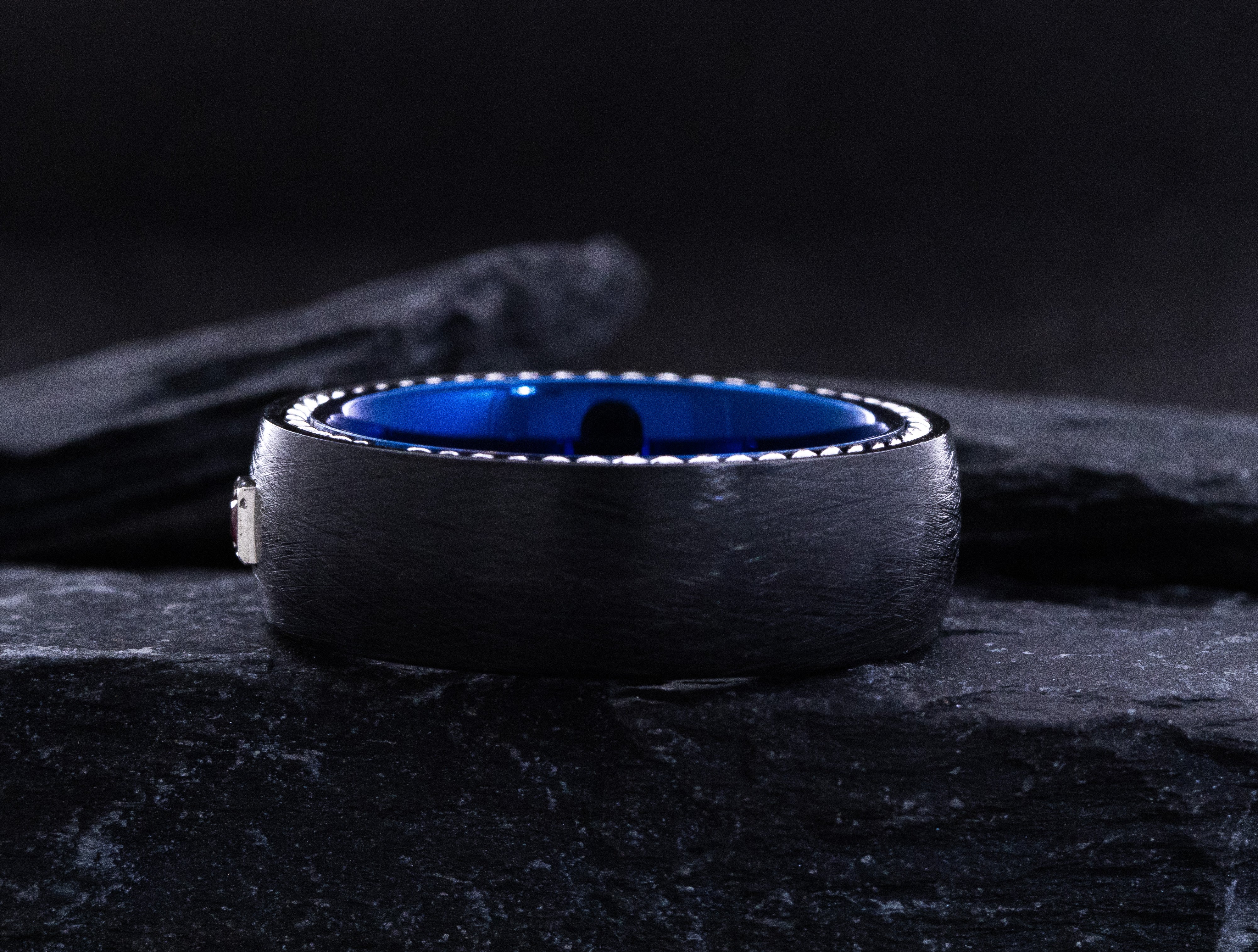 8mm Blue and Black Tungsten Carbide Ring with Princess Cut Gemstone and Twisted Rope Edges