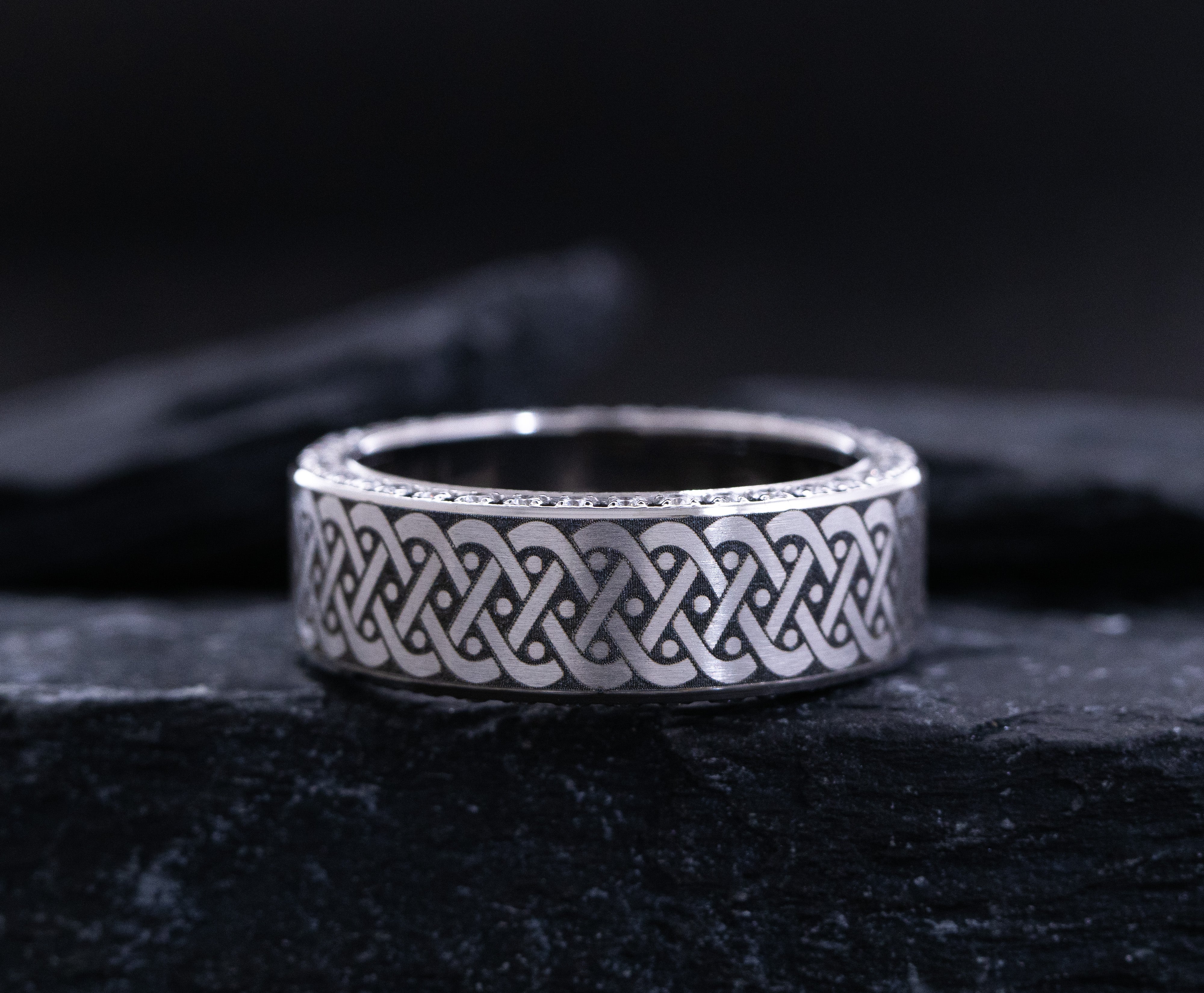 8mm Titanium Band with Engraved Celtic Pattern and CZ Gemstones