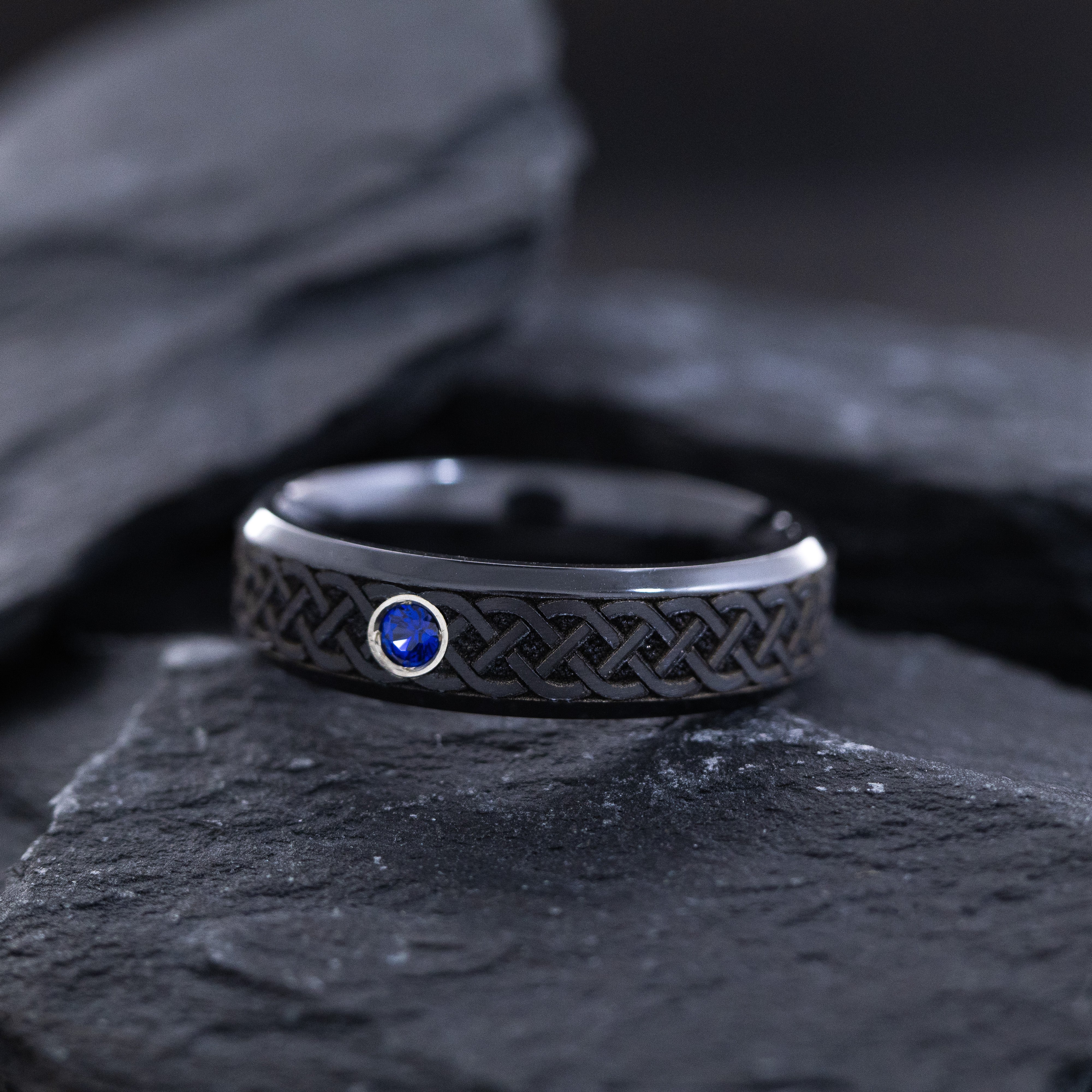 6mm Black Zirconium Band with Round Cut Birthstone and Deep Engraved Celtic Pattern