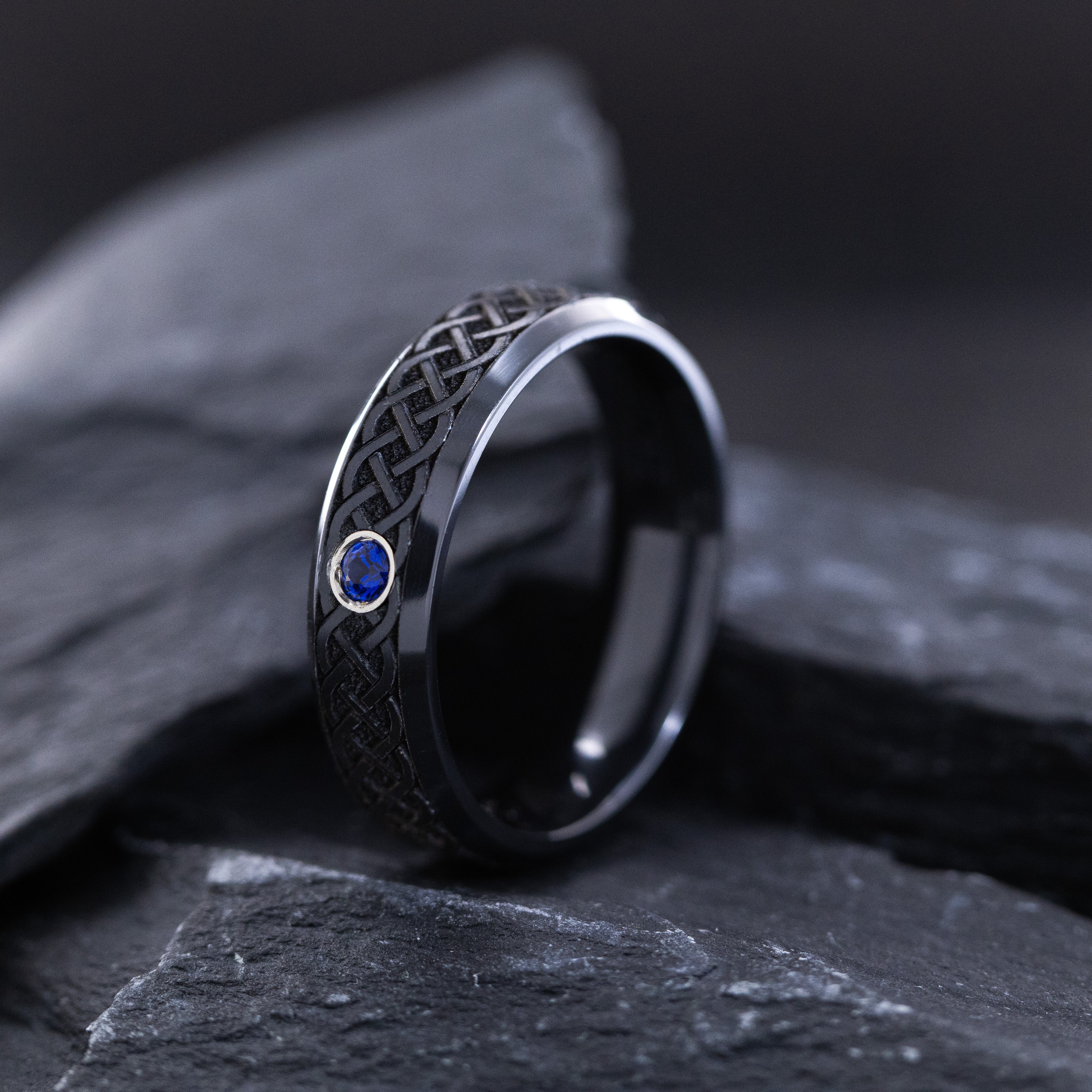 6mm Black Zirconium Band with Round Cut Birthstone and Deep Engraved Celtic Pattern