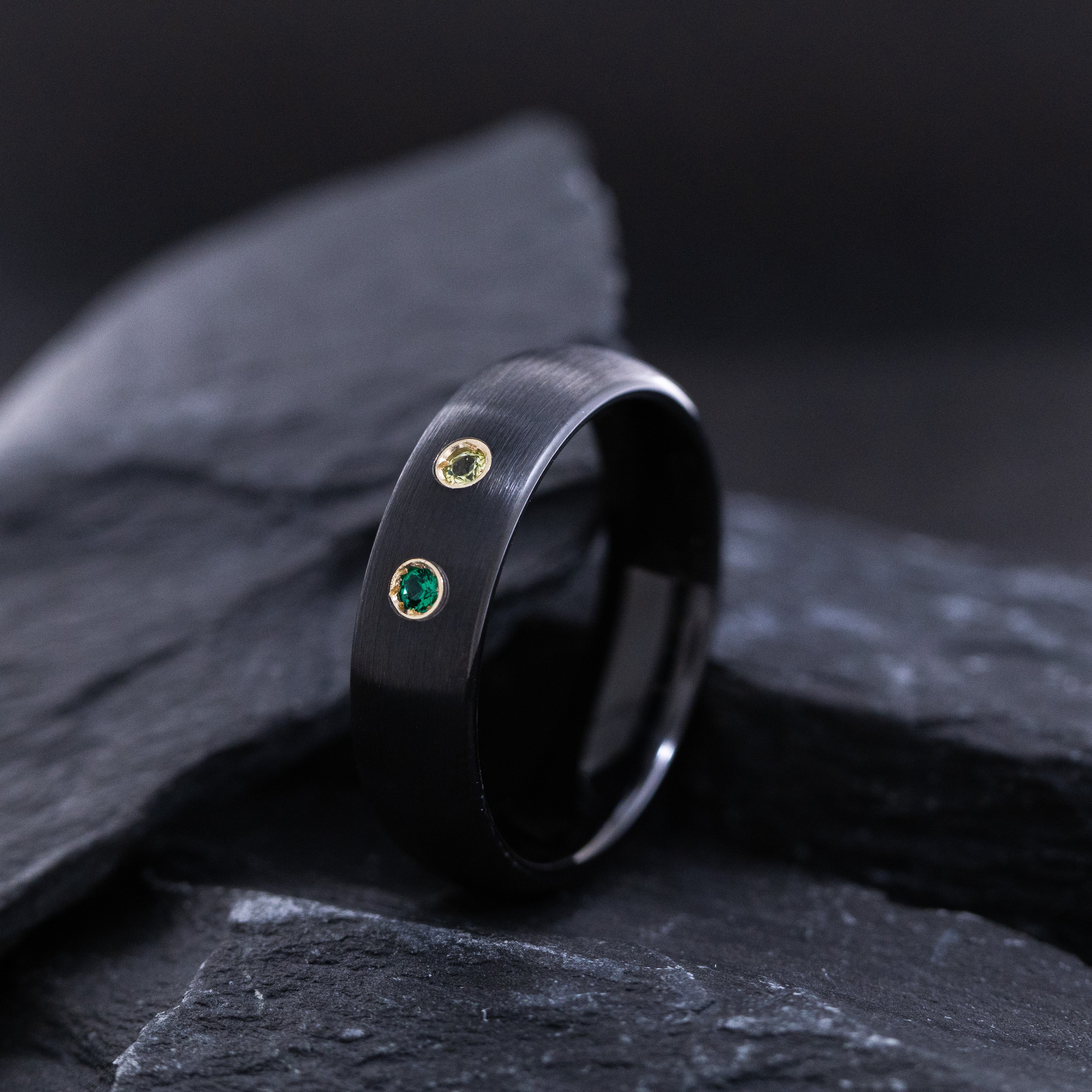 6mm Black Satin Tungsten Carbide Ring with Two Round Cut Gemstones