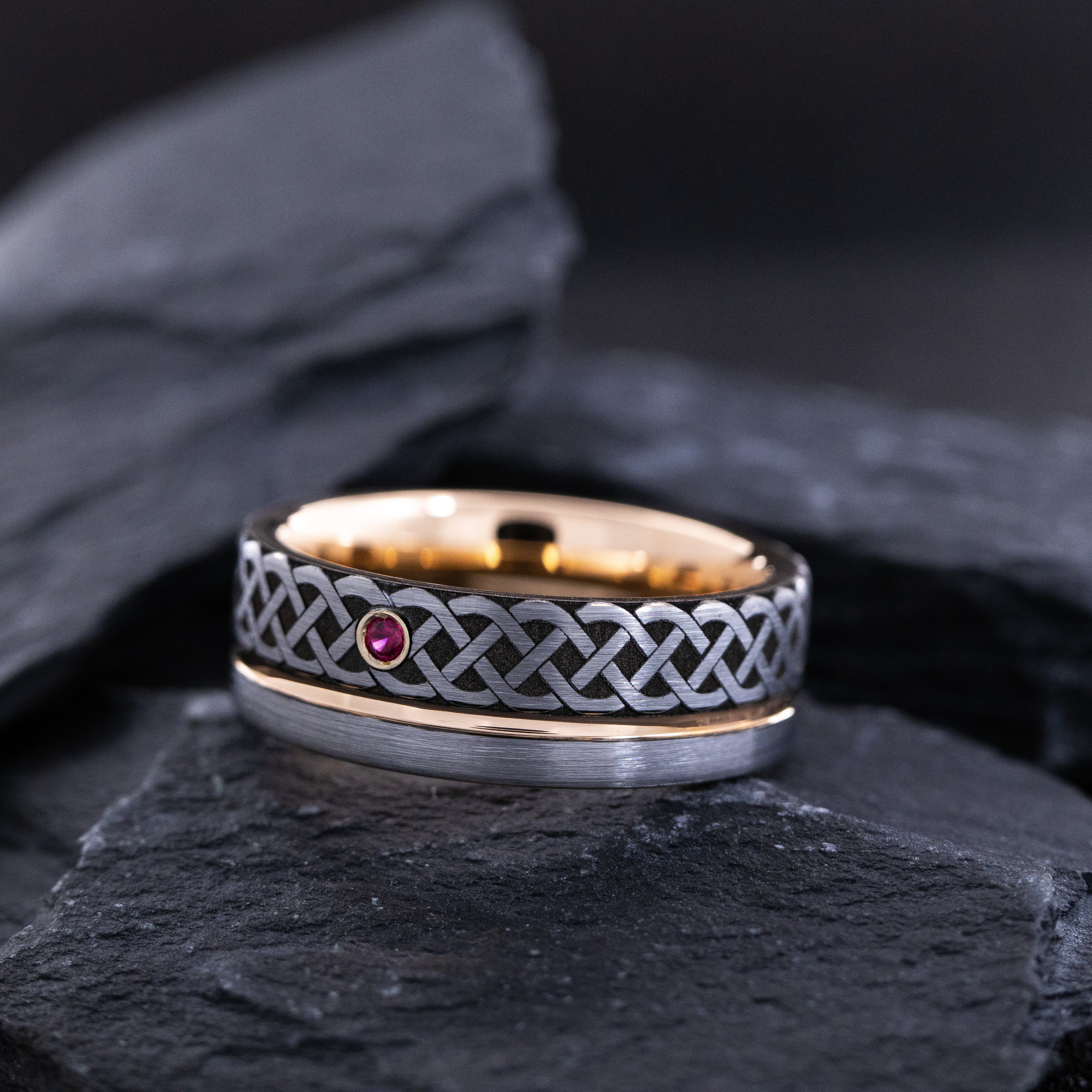 Rose Gold  Plated 8mm Tungsten Carbide Ring With Round Cut Gemstone and Celtic Knot Engraving