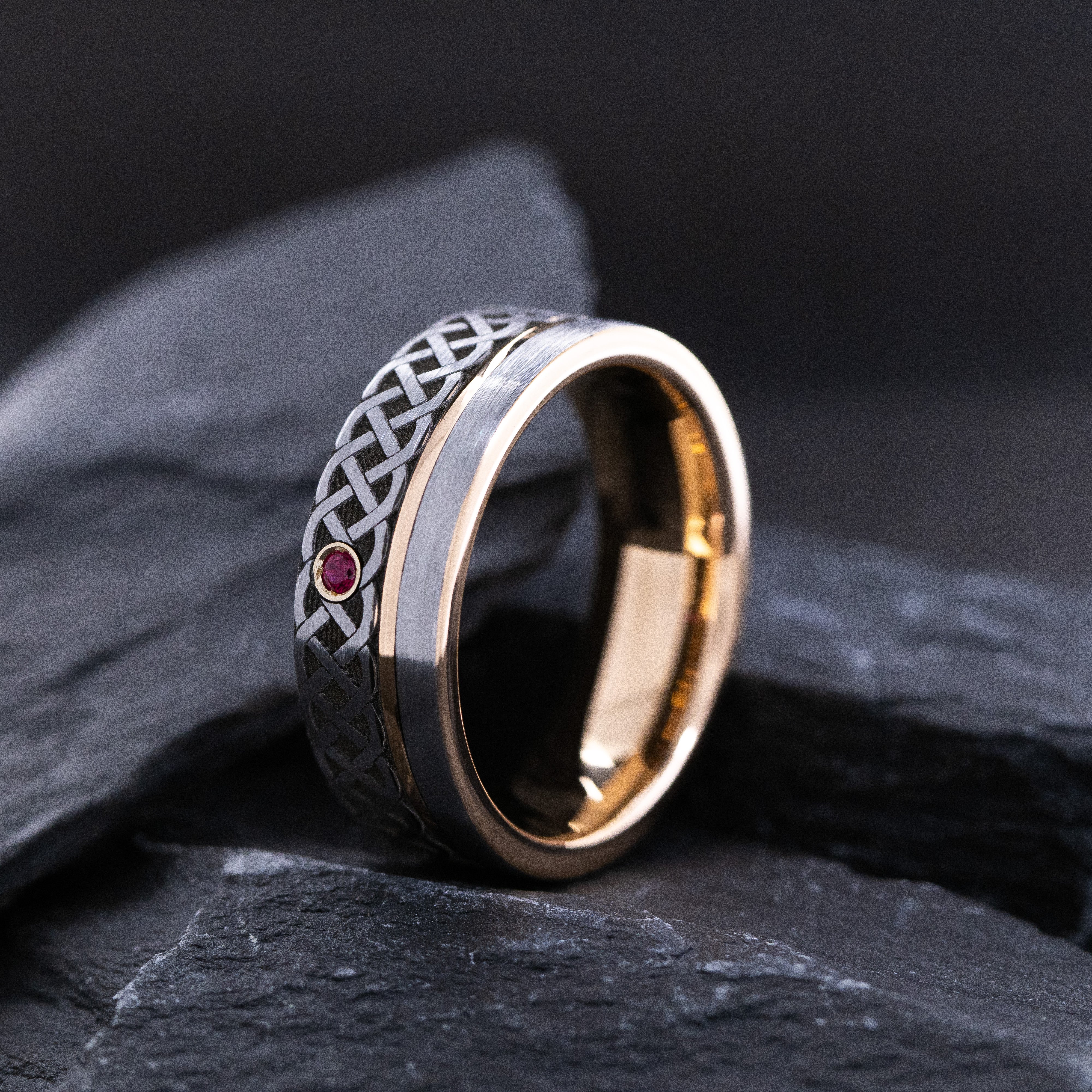 Rose Gold  Plated 8mm Tungsten Carbide Ring With Round Cut Gemstone and Celtic Knot Engraving