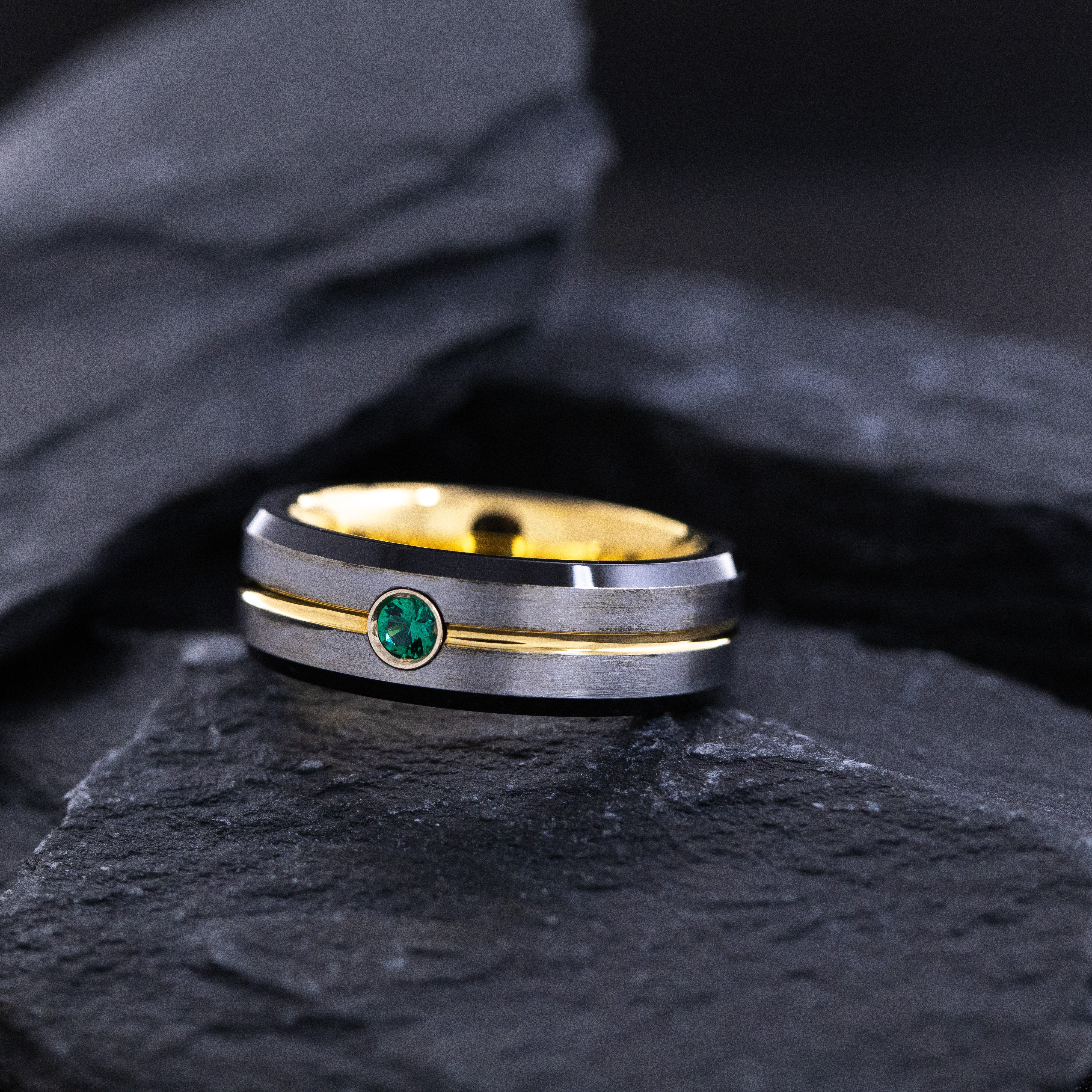 6mm Silver and Yellow Gold Plated Tungsten Ring with Round Cut Gemstone and Groove
