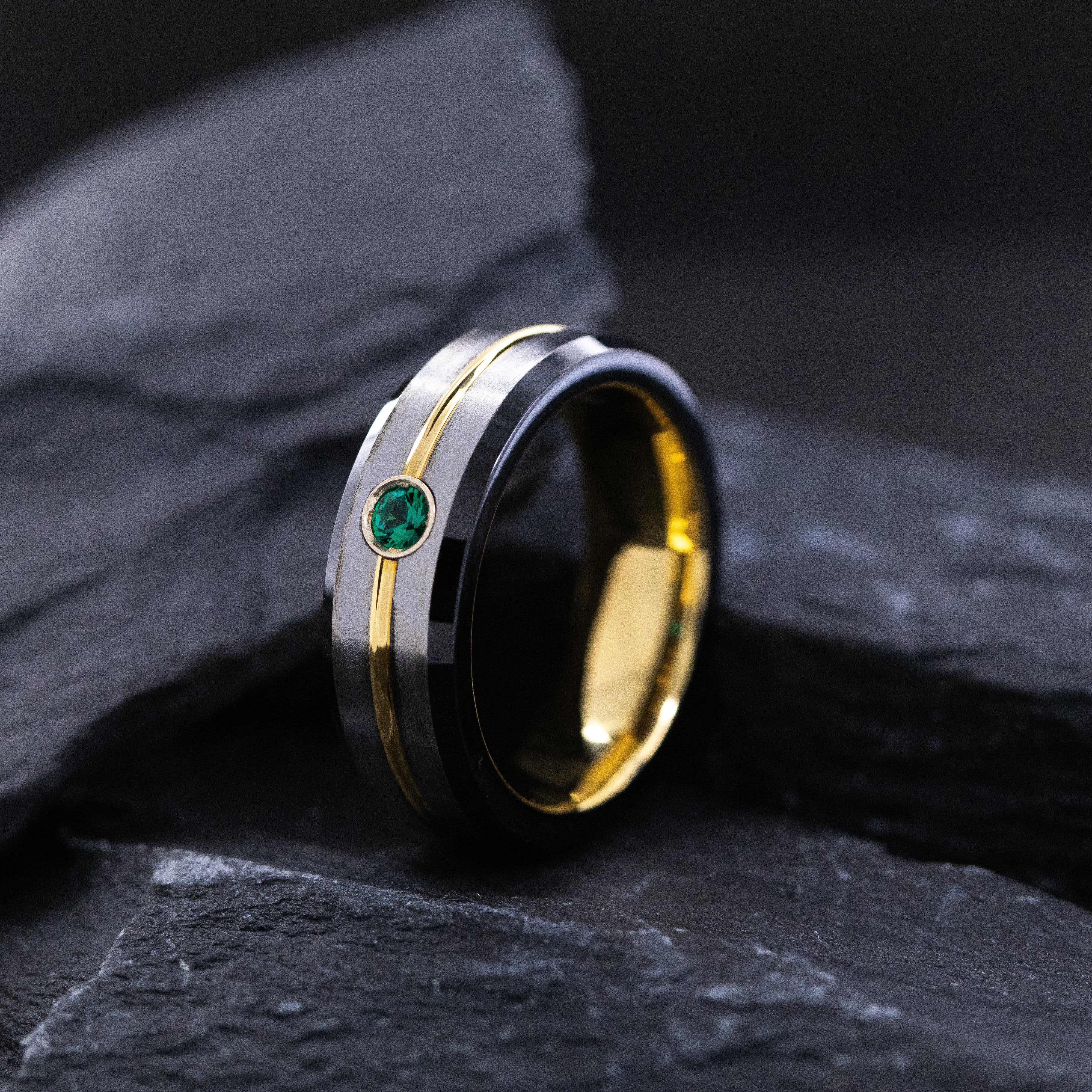 6mm Silver and Yellow Gold Plated Tungsten Ring with Round Cut Gemstone and Groove