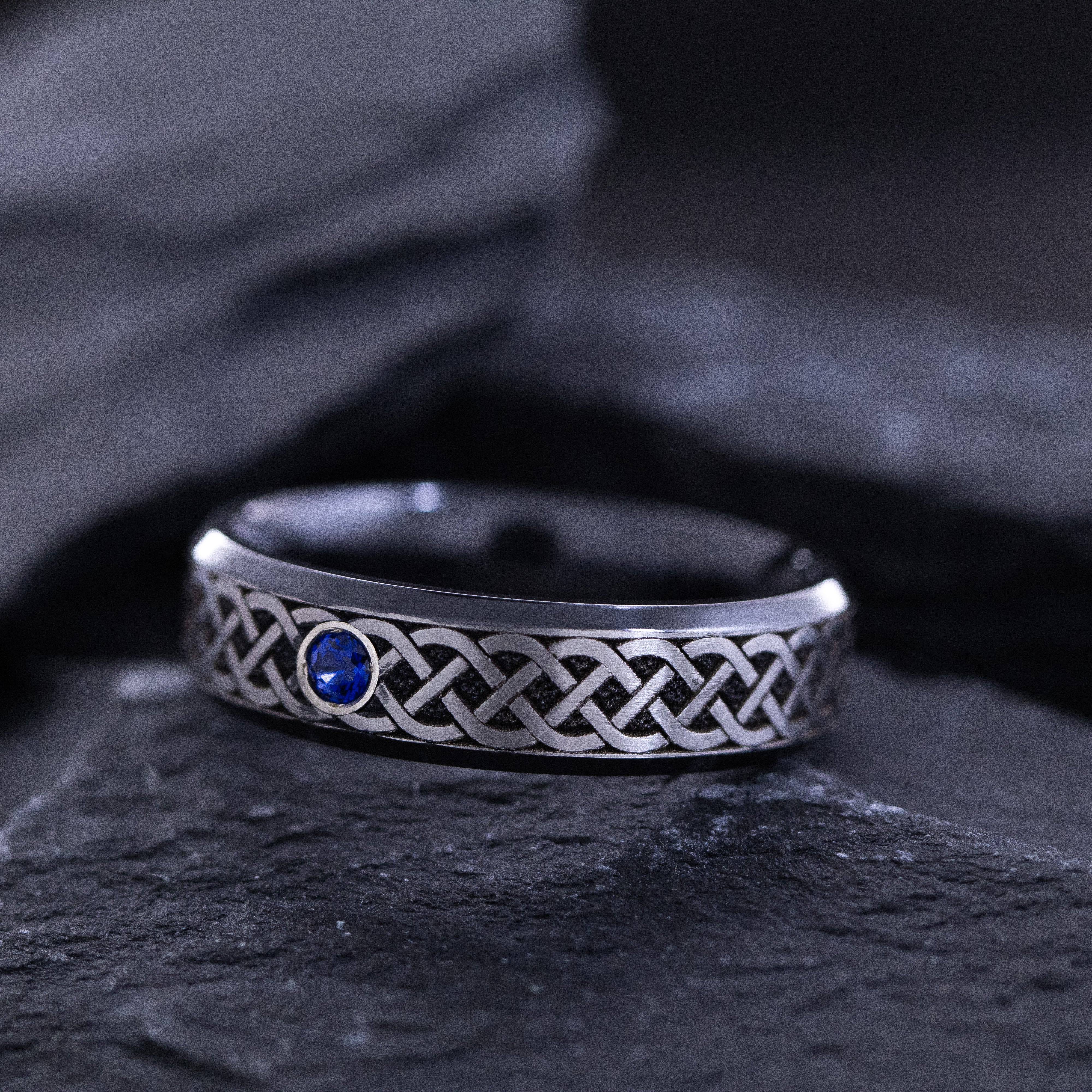 6mm Black Zirconium Ring with Round Cut Gemstone and Deep Engraved Silver Celtic Pattern