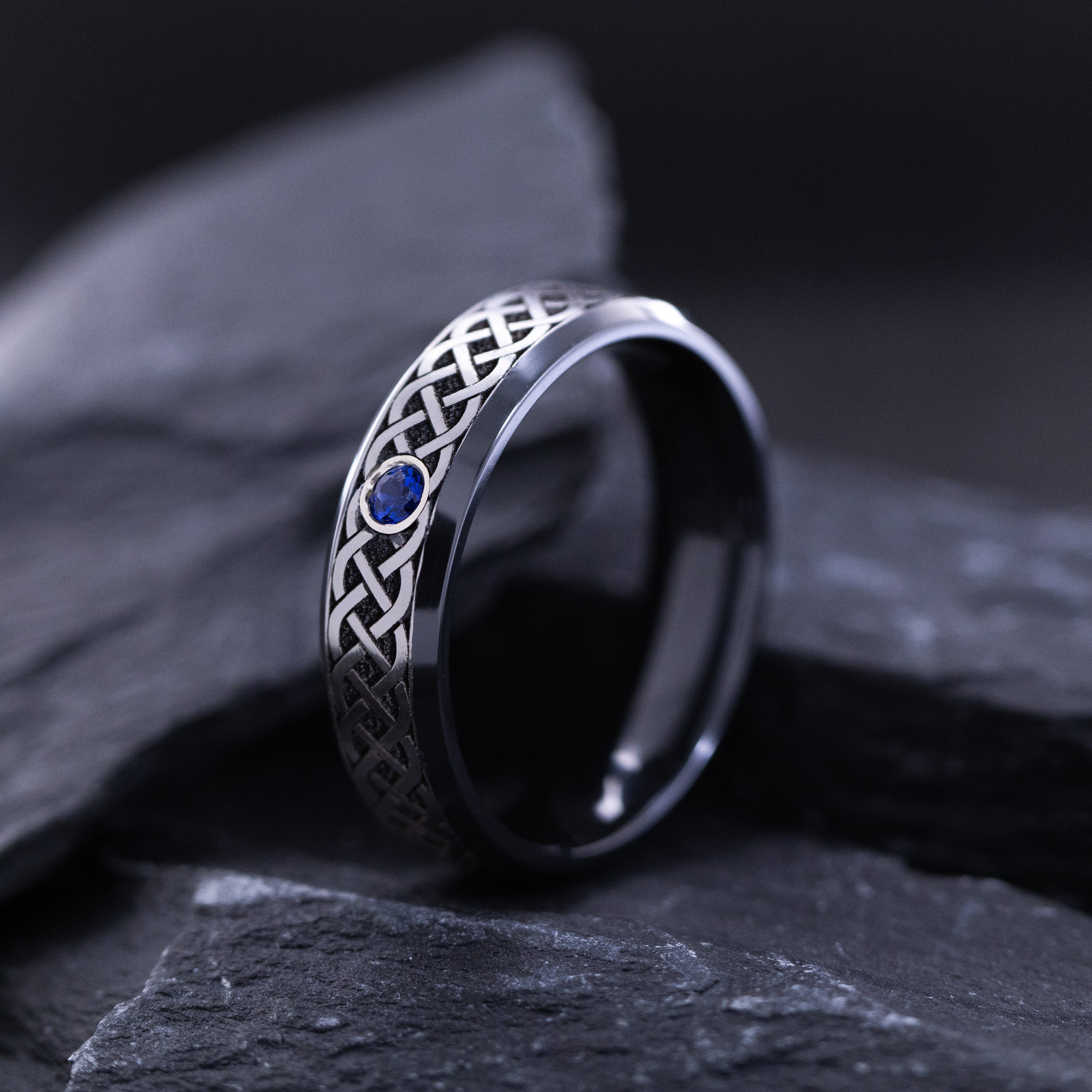 6mm Black Zirconium Ring with Round Cut Gemstone and Deep Engraved Silver Celtic Pattern