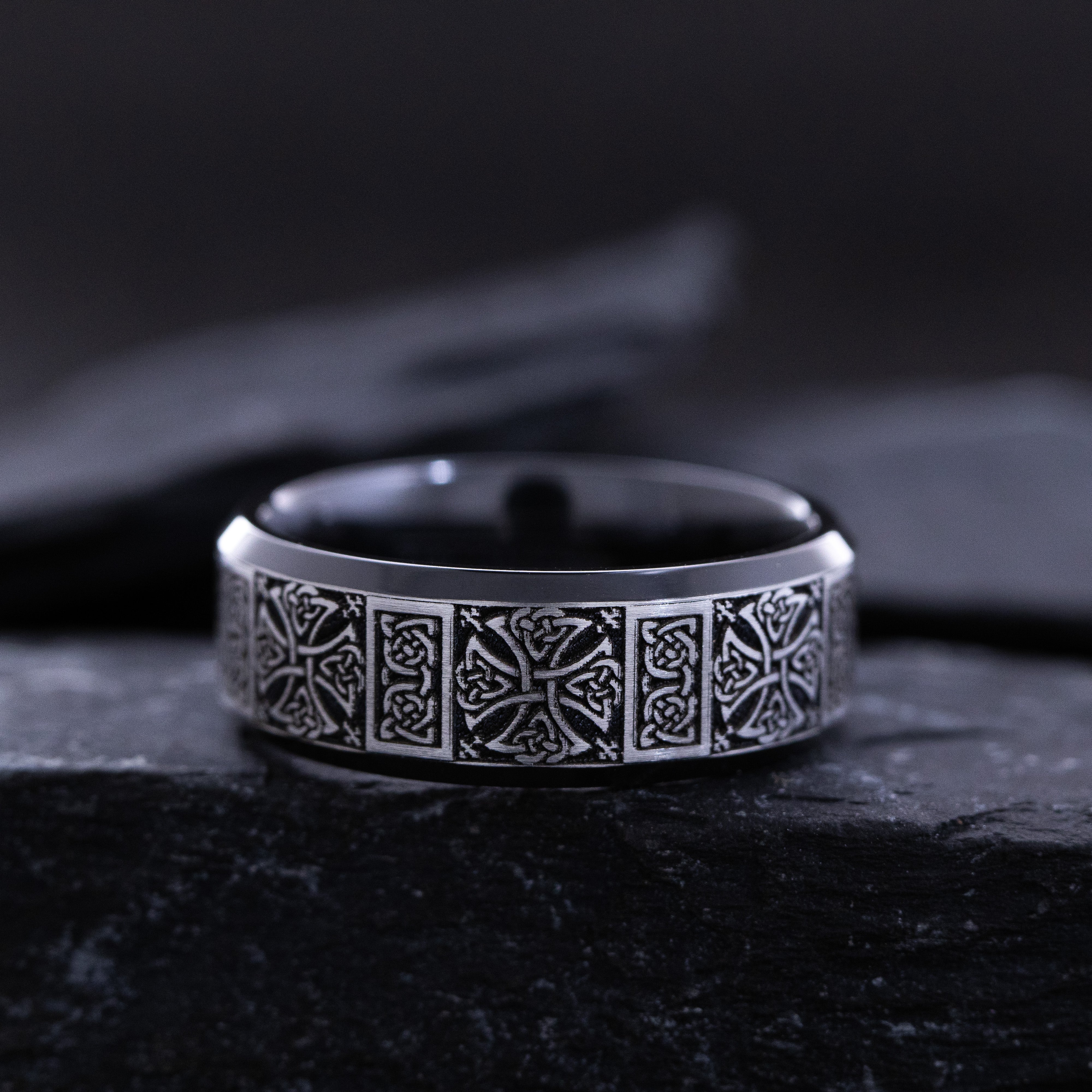 black zirconium band with celtic engraving