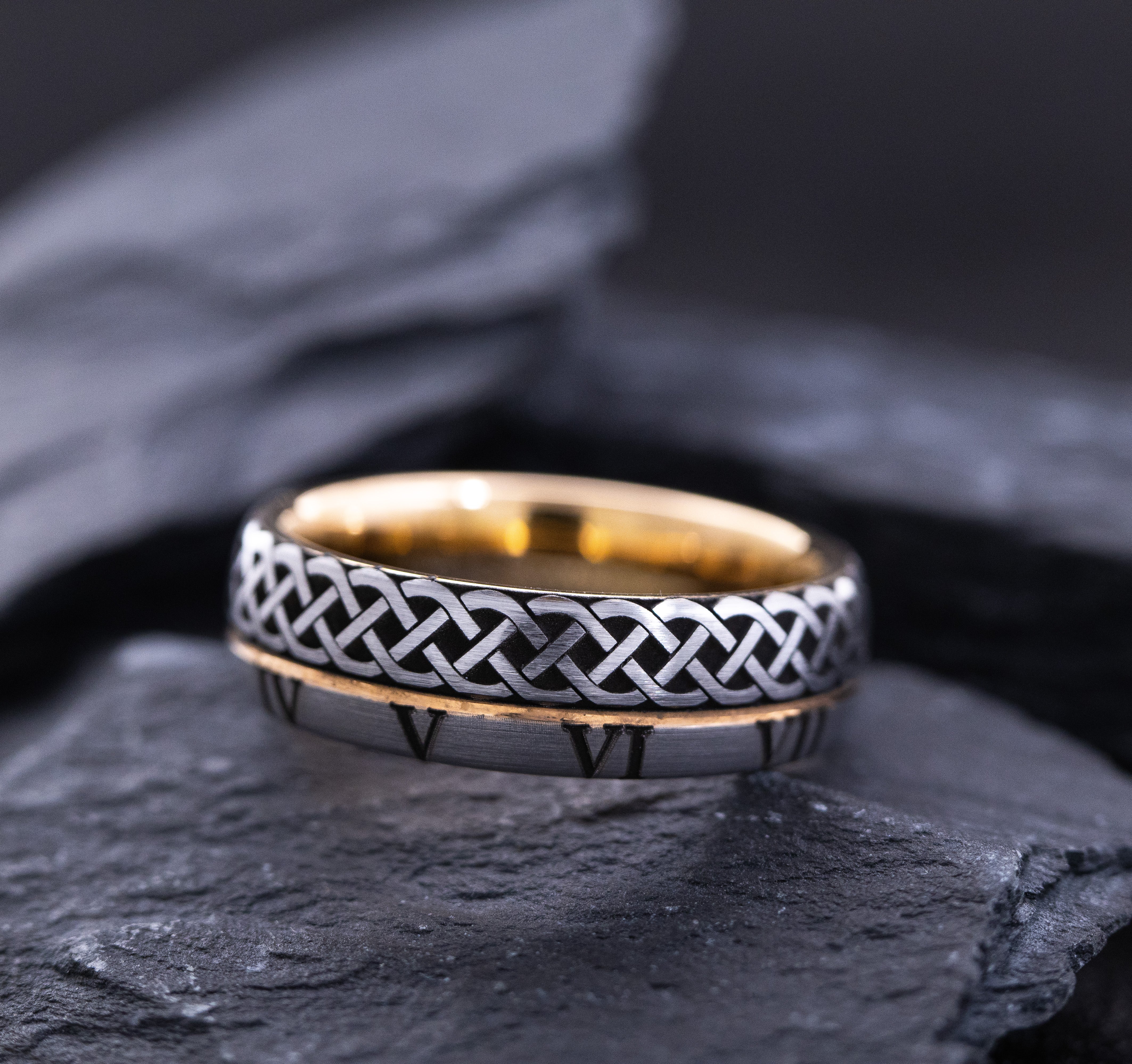 8mm Rose Gold Tungsten Carbide Ring with Engraved Braid and Roman Numerals