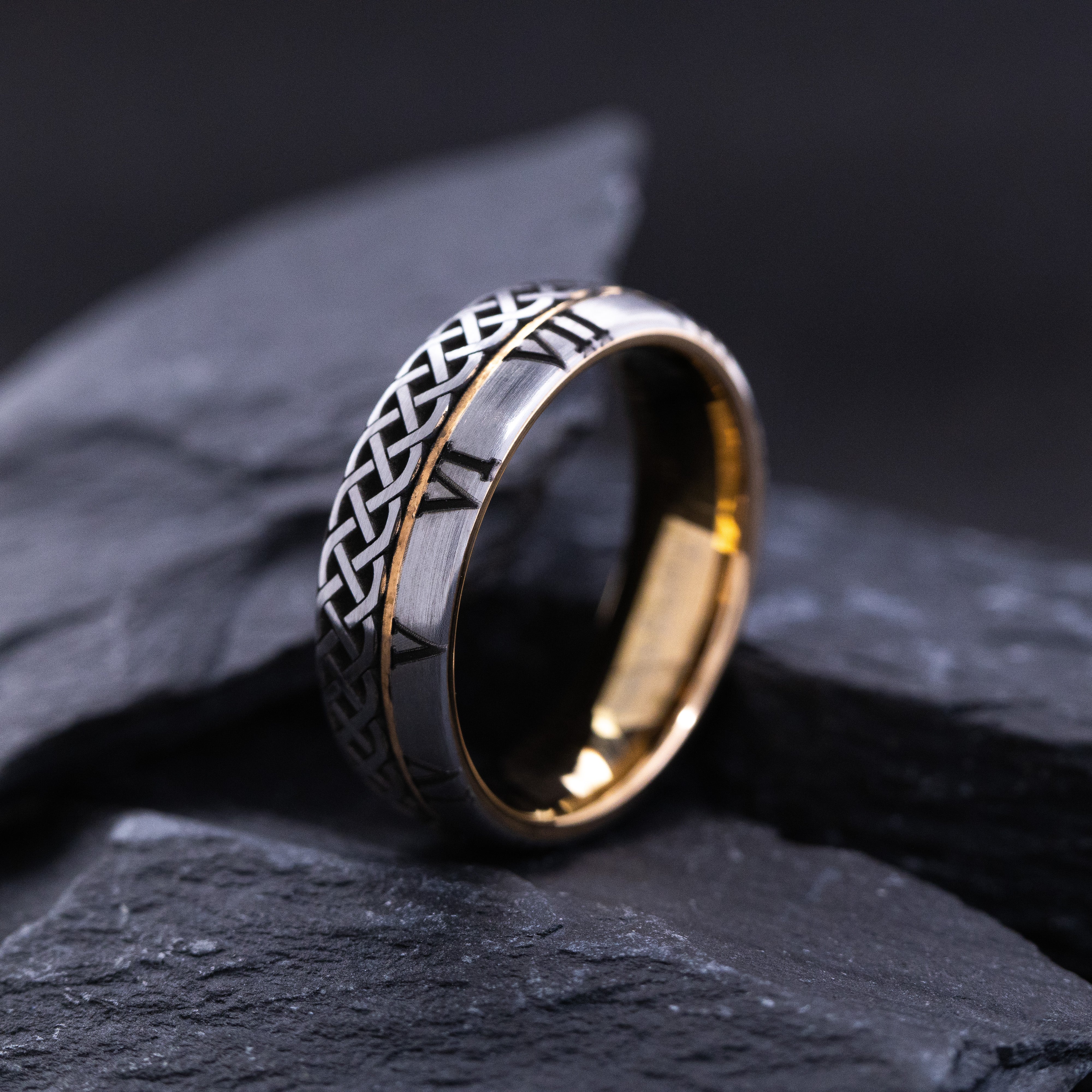 8mm Rose Gold Tungsten Carbide Ring with Engraved Braid and Roman Numerals