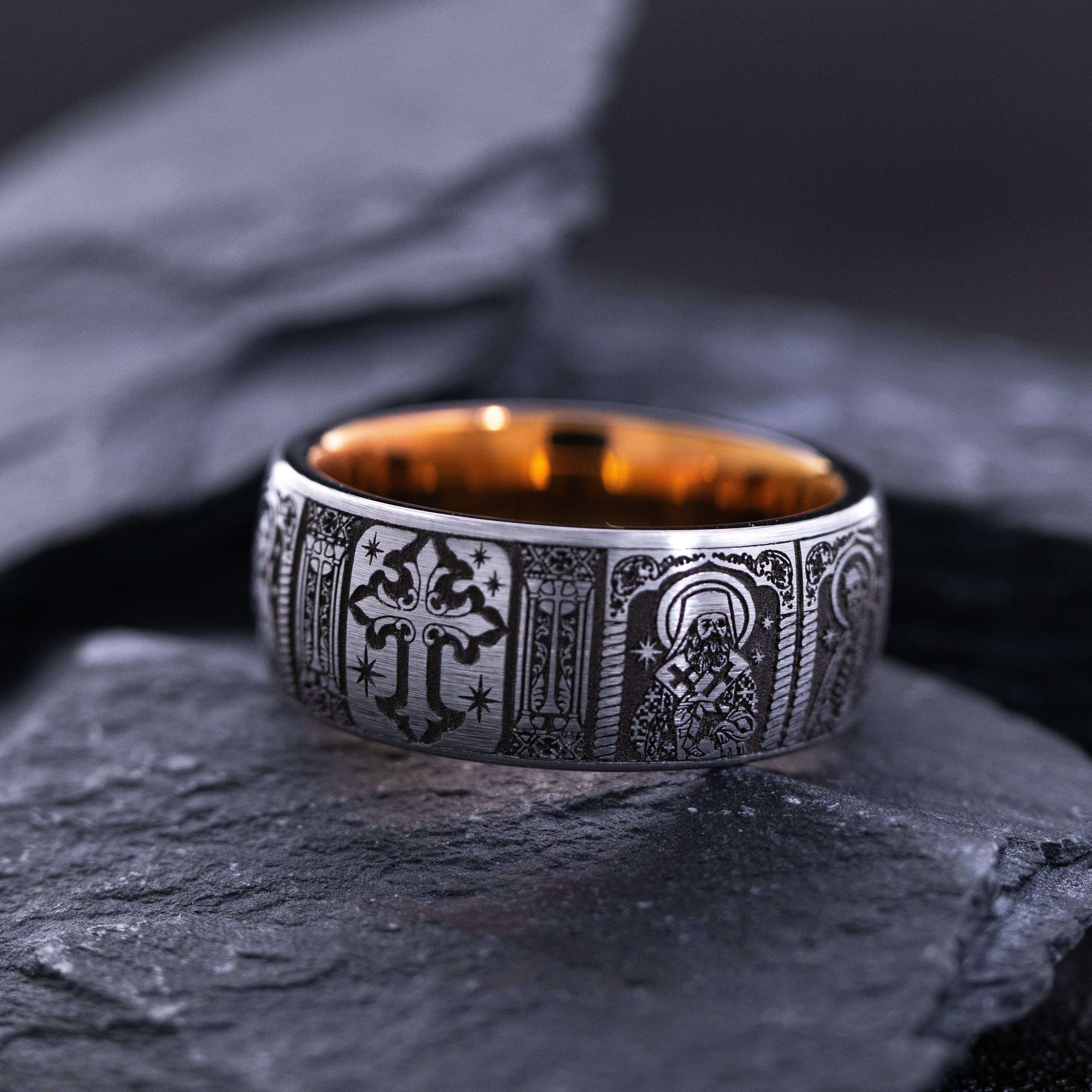 9mm Rose Gold and Black Tungsten Ring with Deep Engraved Christians Saints