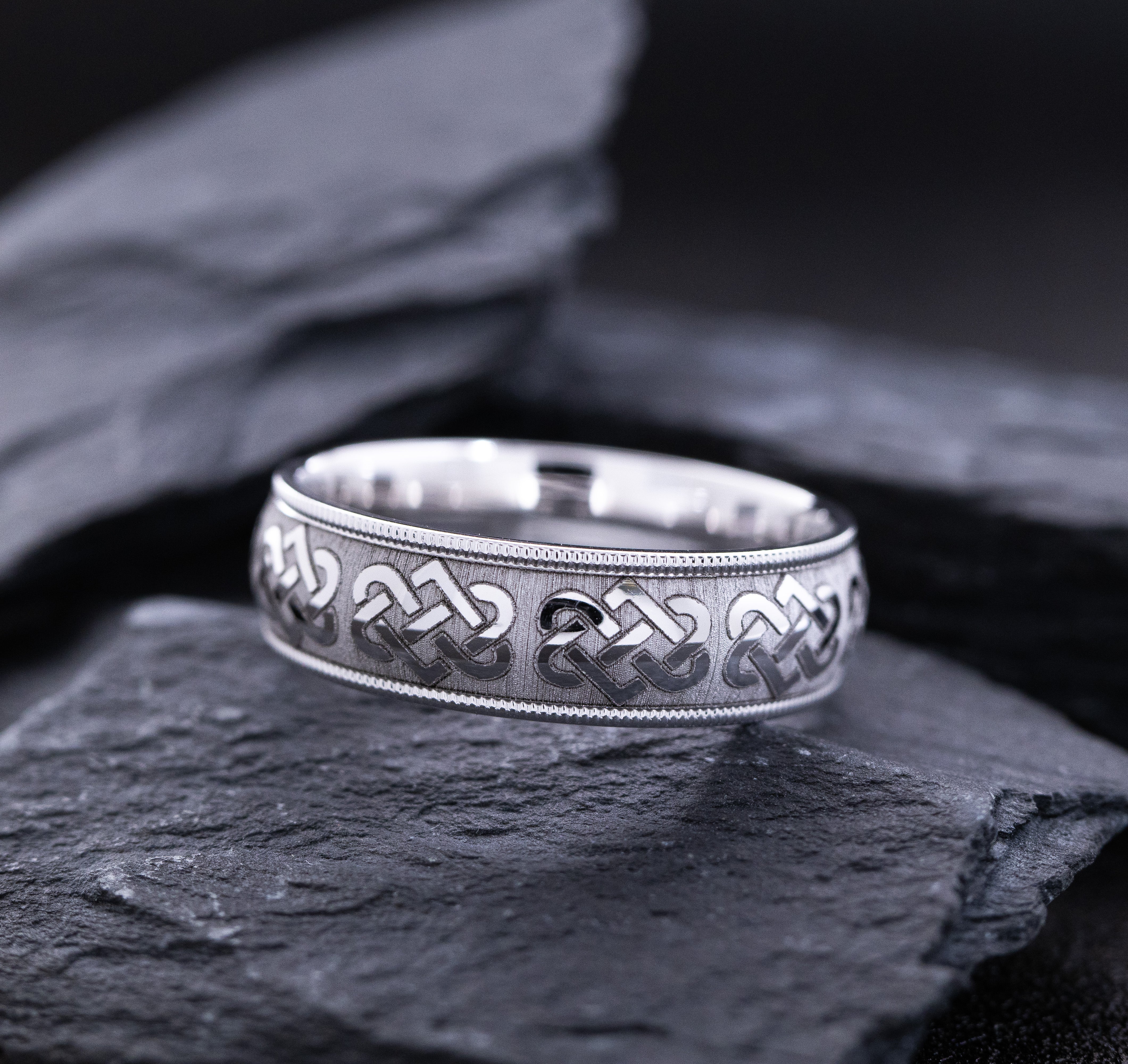 7mm Engraved Celtic Knot Ring, 14k White Gold Band