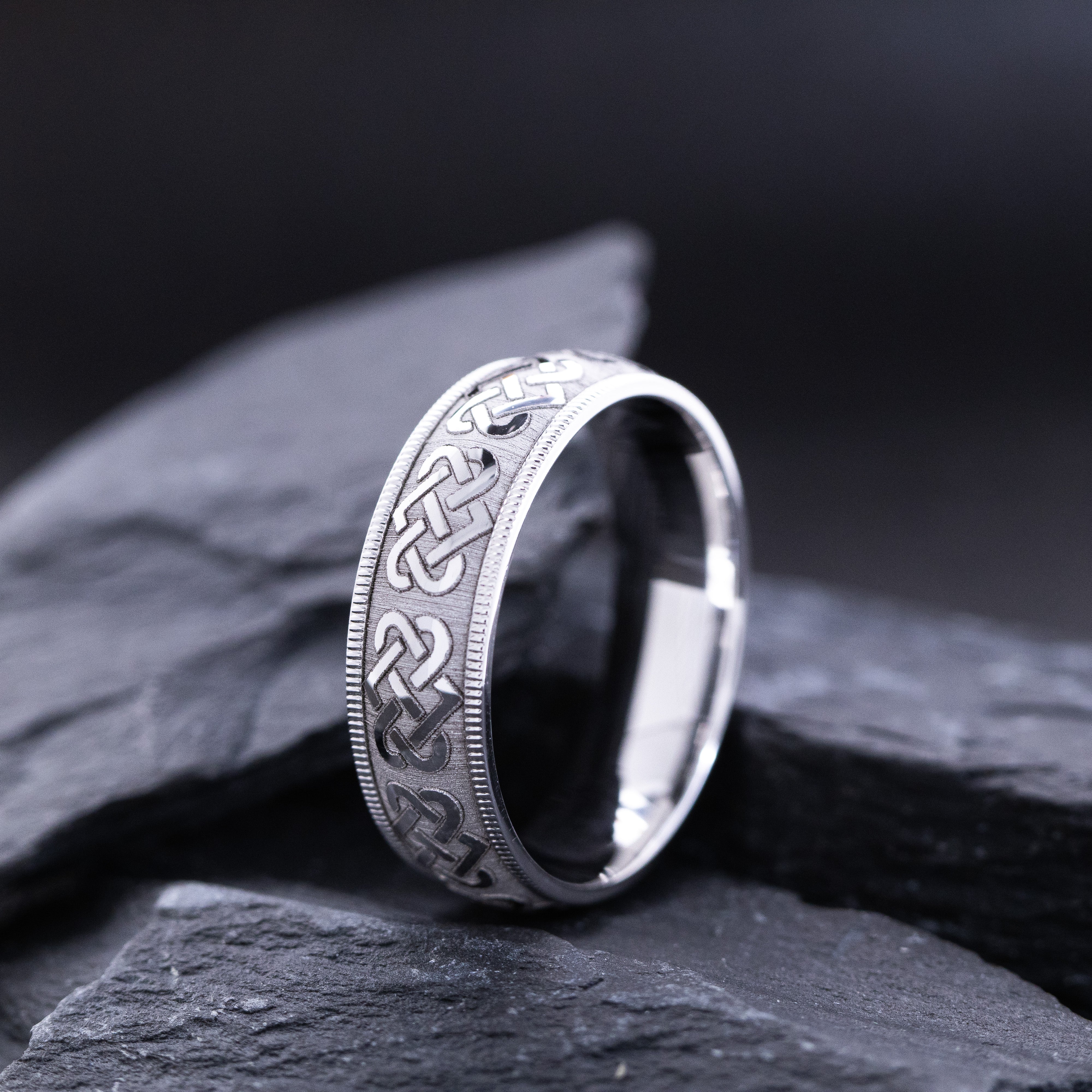 7mm Engraved Celtic Knot Ring, 14k White Gold Band