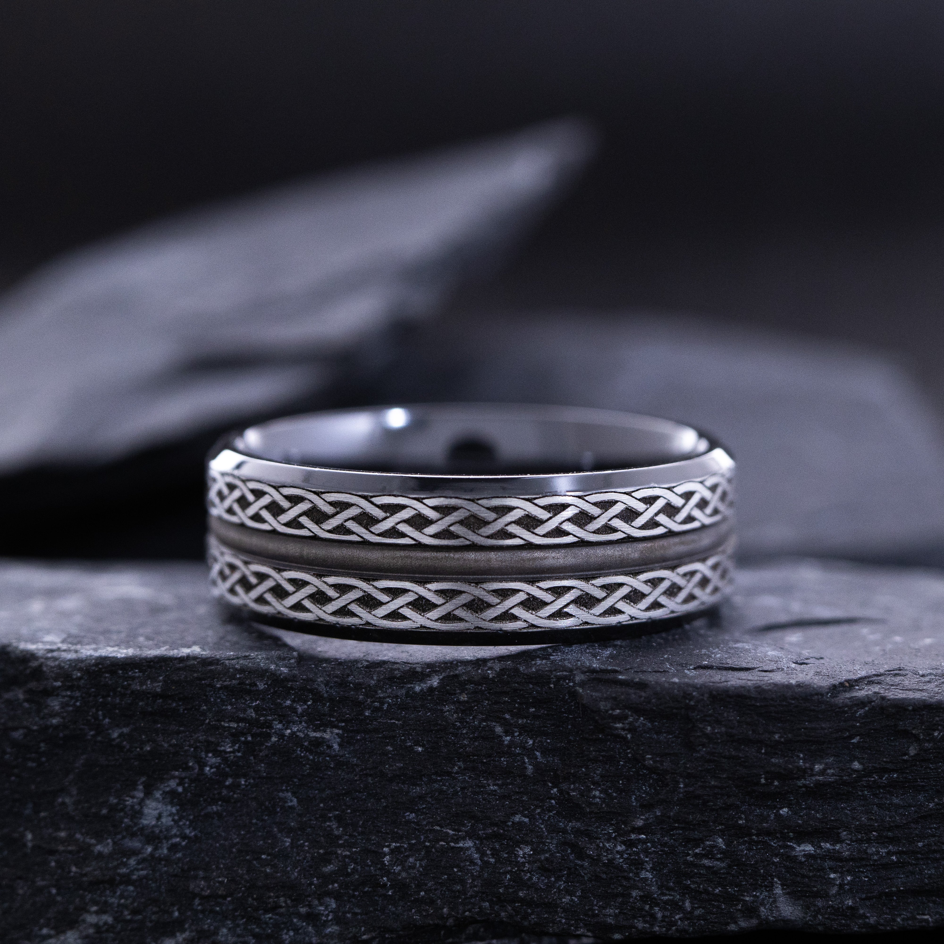8mm Black Zirconium Band with Engraved Celtic Knots and Groove