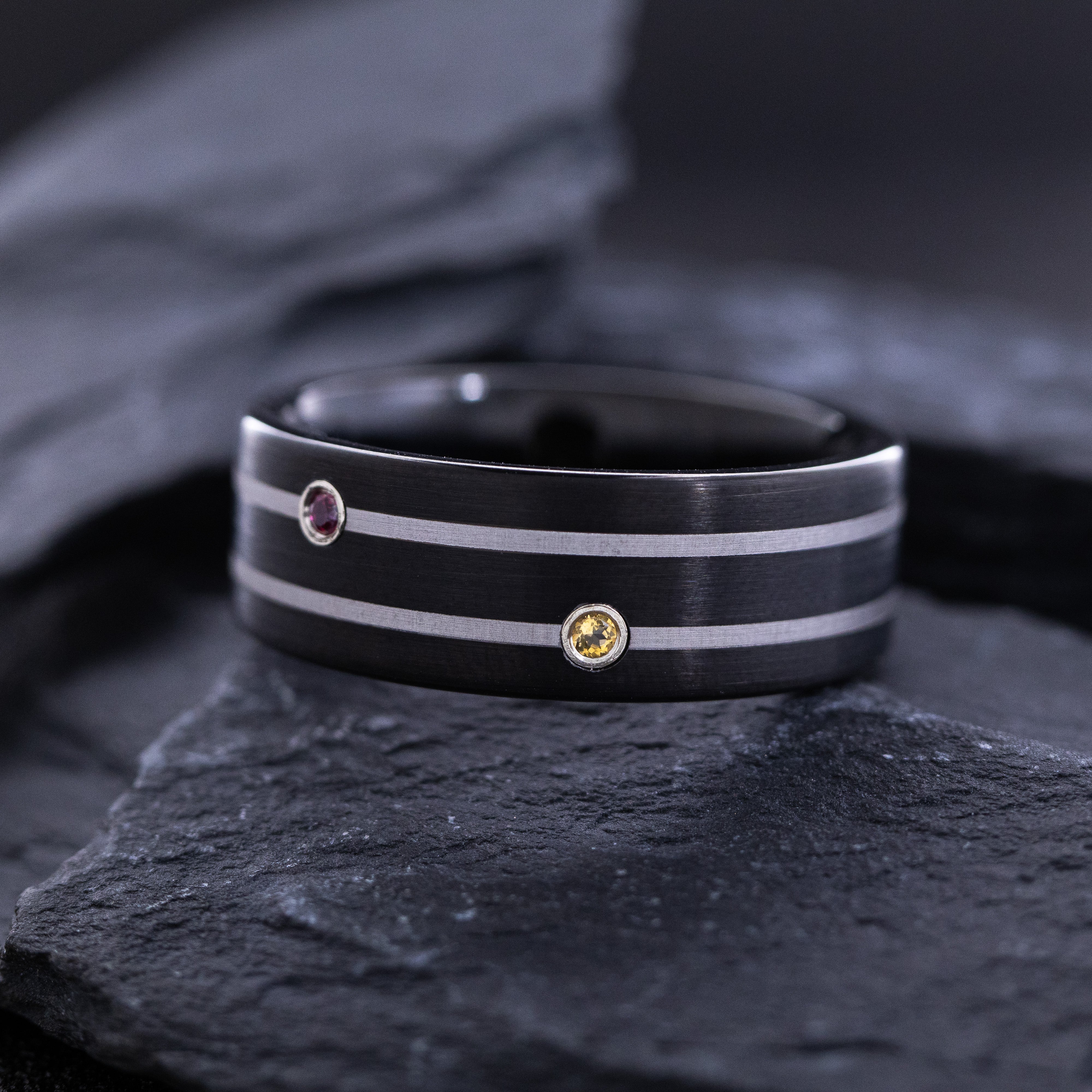 9mm Black Tungsten Carbide Ring with Two Round Cut Gemstones and White Stripes