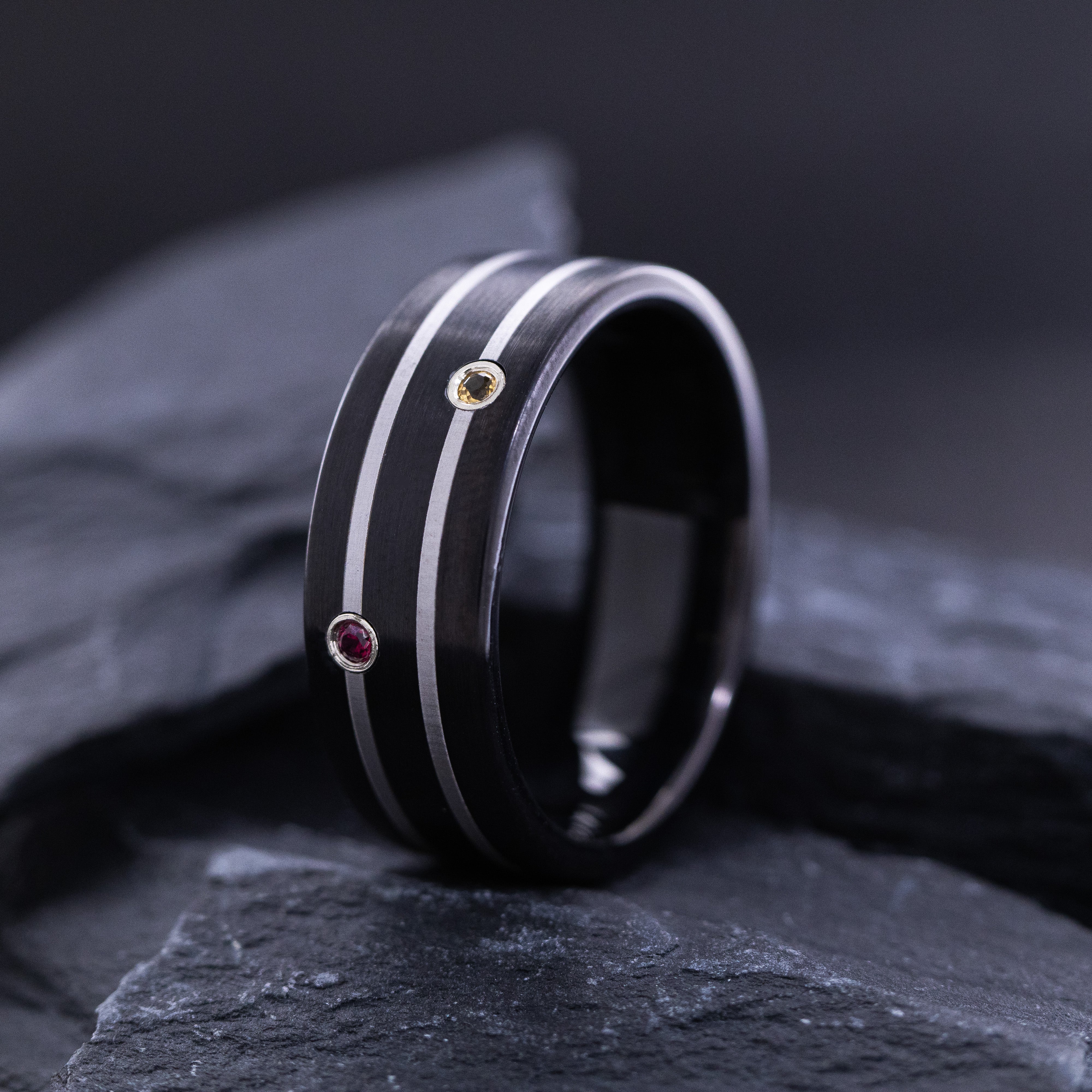 9mm Black Tungsten Carbide Ring with Two Round Cut Gemstones and White Stripes