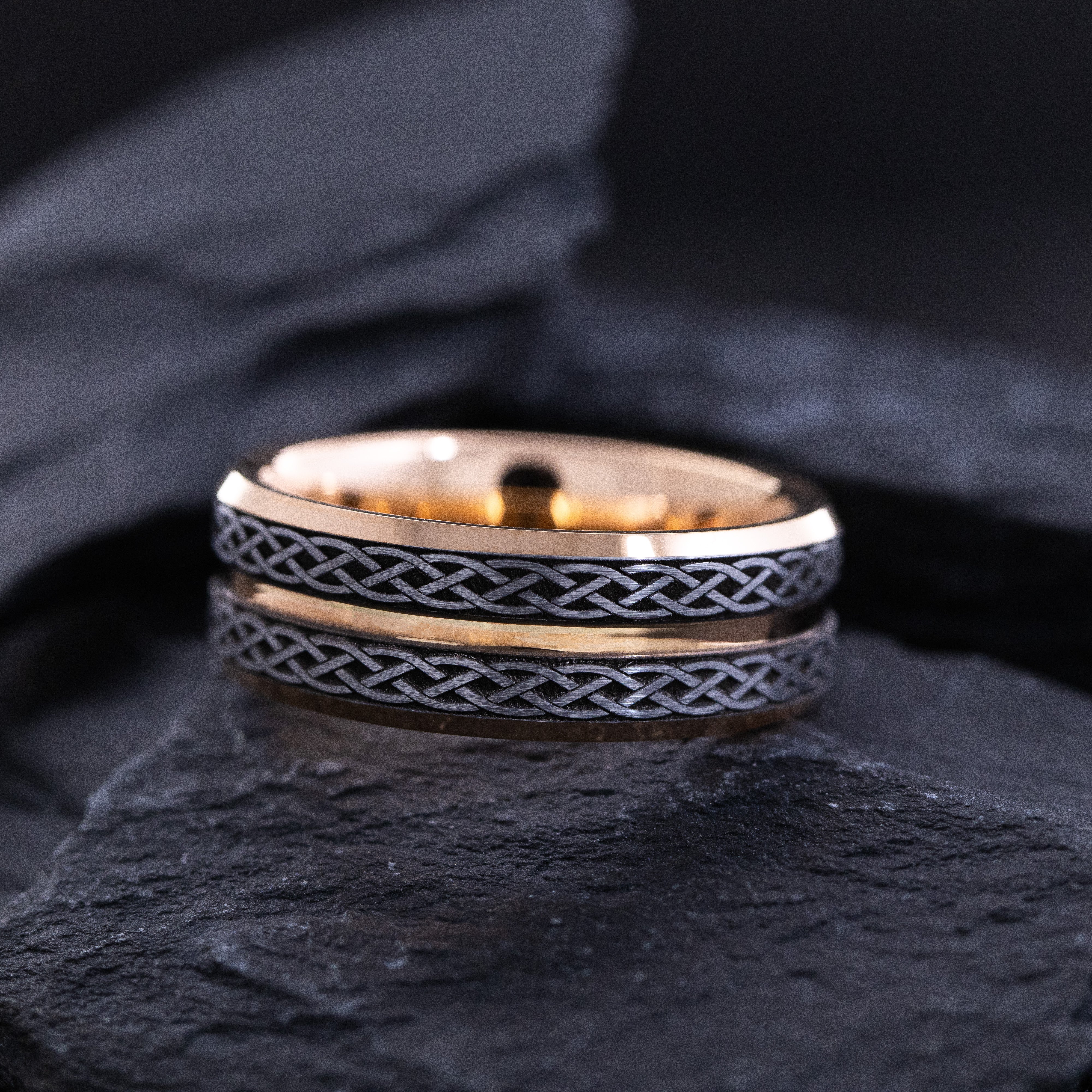 8mm Rose Gold Plated Tungsten Carbide Grooved Ring with Engraved Celtic Knot Pattern