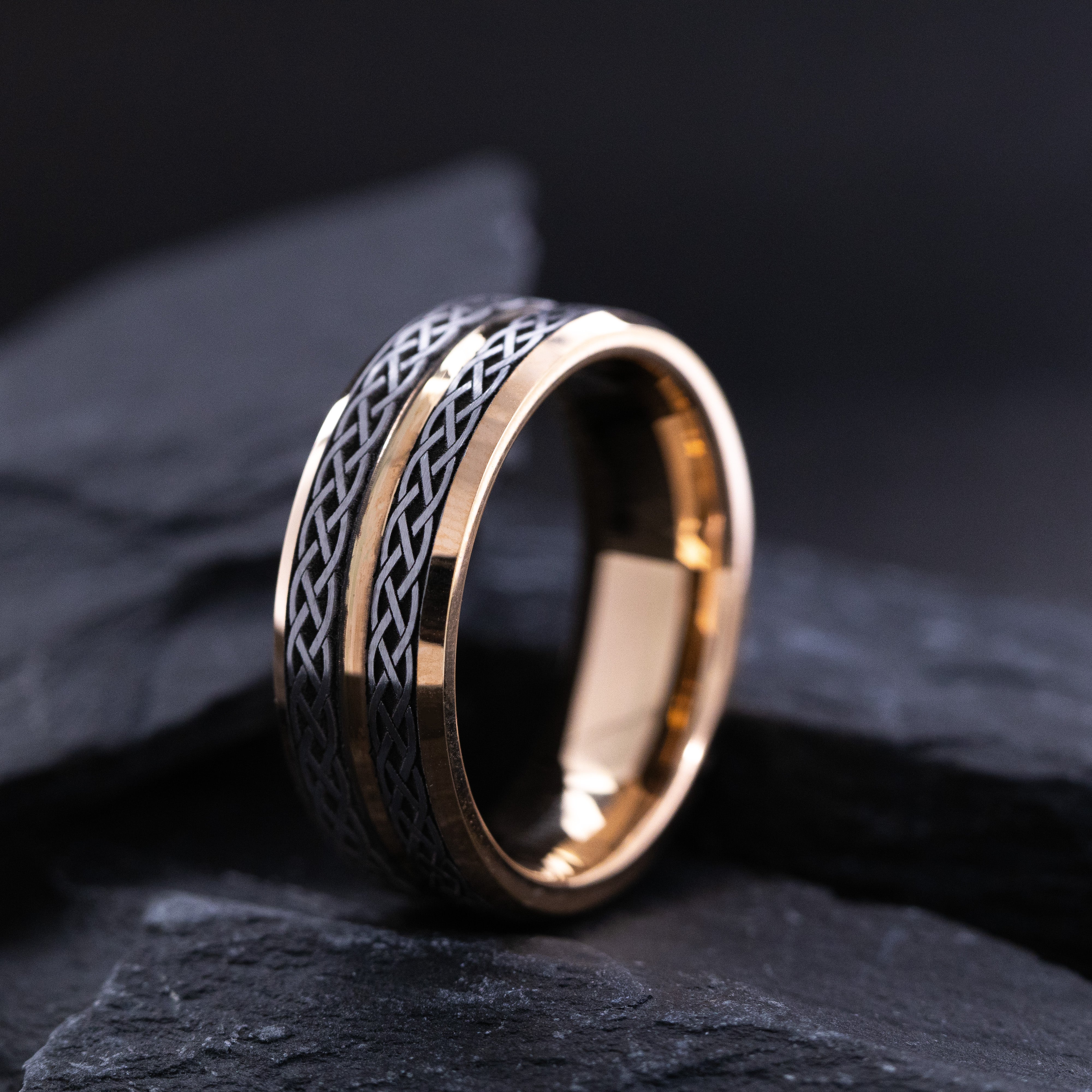 8mm Rose Gold Plated Tungsten Carbide Grooved Ring with Engraved Celtic Knot Pattern