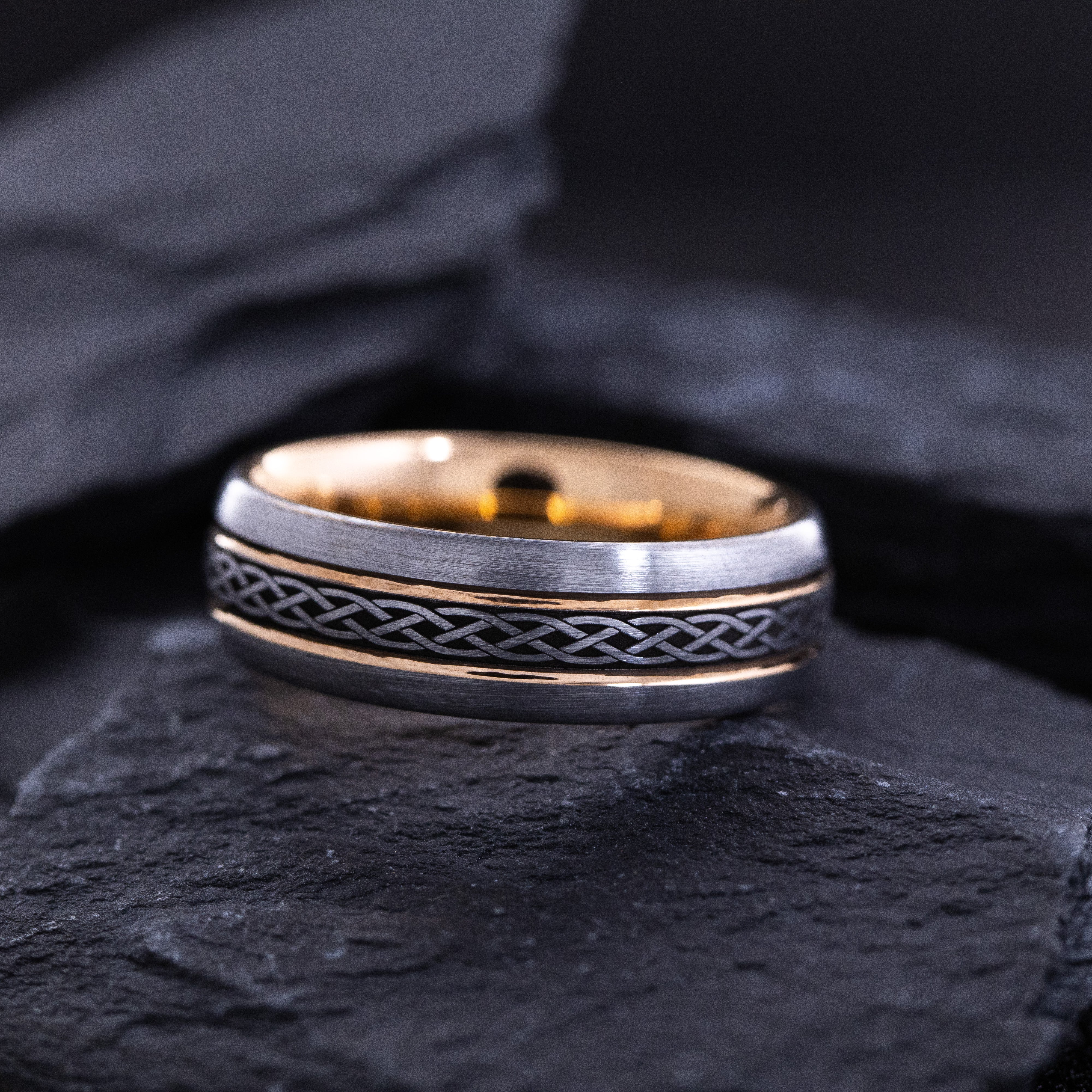 7mm Silver and Rose Gold Plated Tungsten Carbide Grooved Ring with Engraved Celtic Knot Patterns