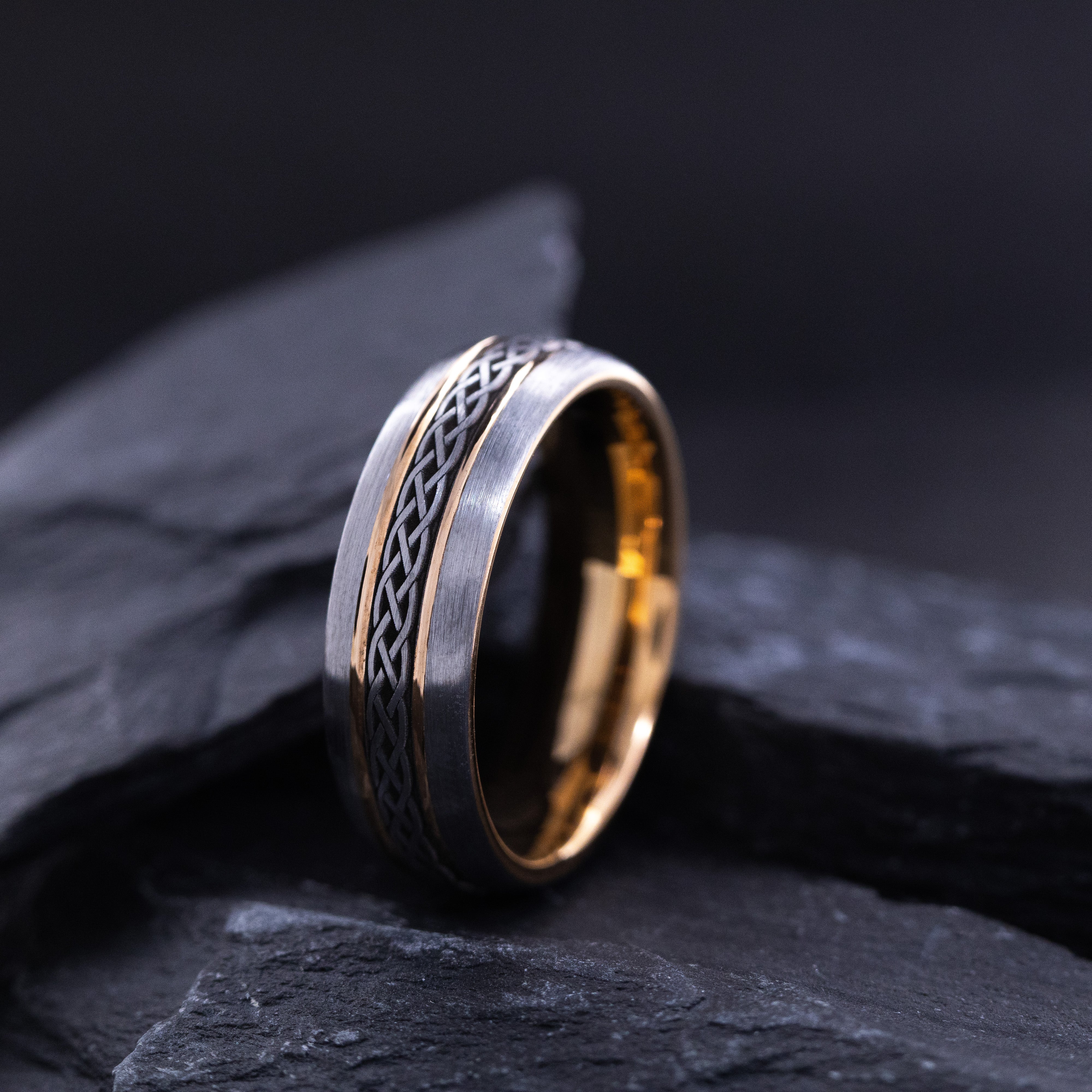 7mm Silver and Rose Gold Plated Tungsten Carbide Grooved Ring with Engraved Celtic Knot Patterns
