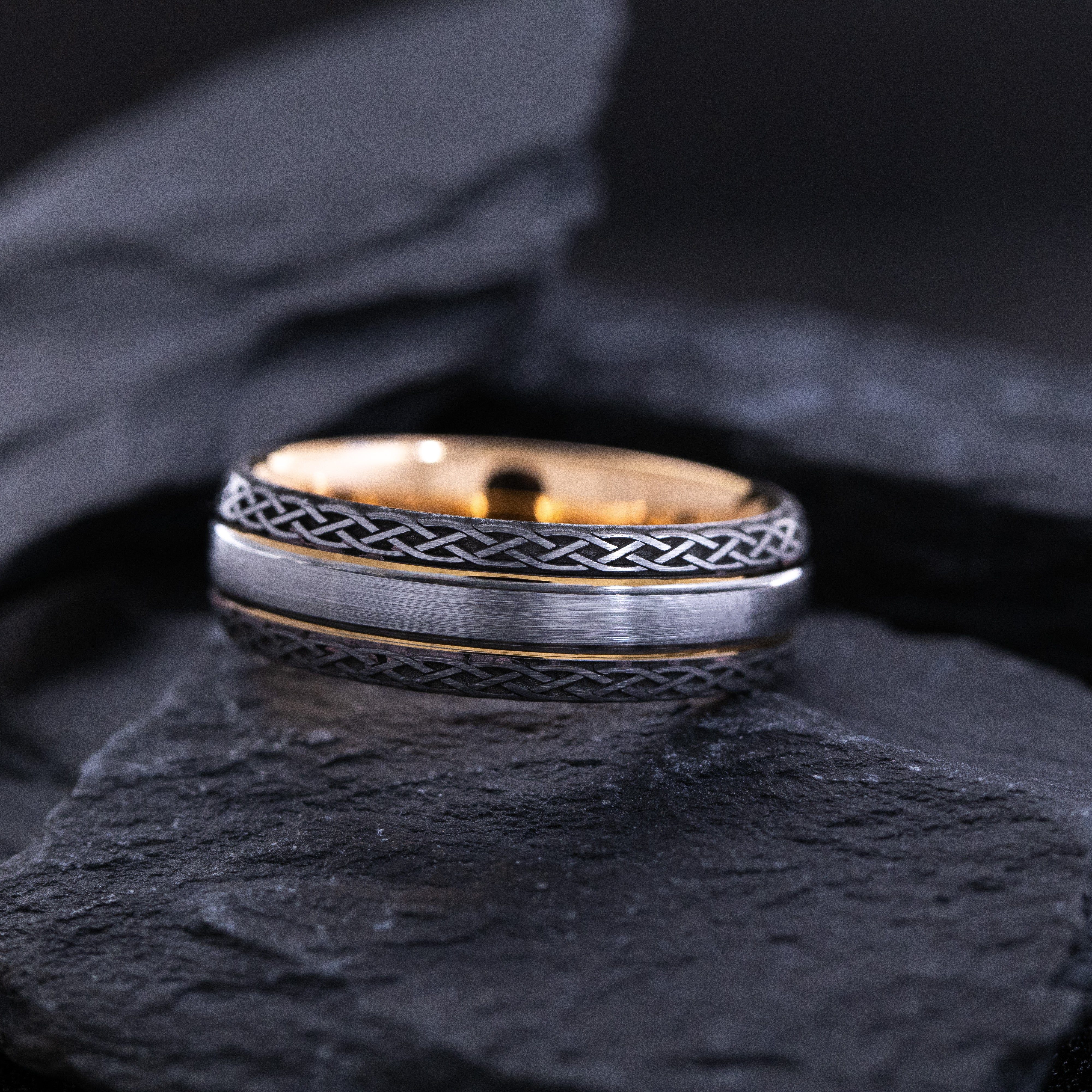 7mm Black and Rose Gold Plated Tungsten Carbide Grooved Ring with Engraved Celtic Knots
