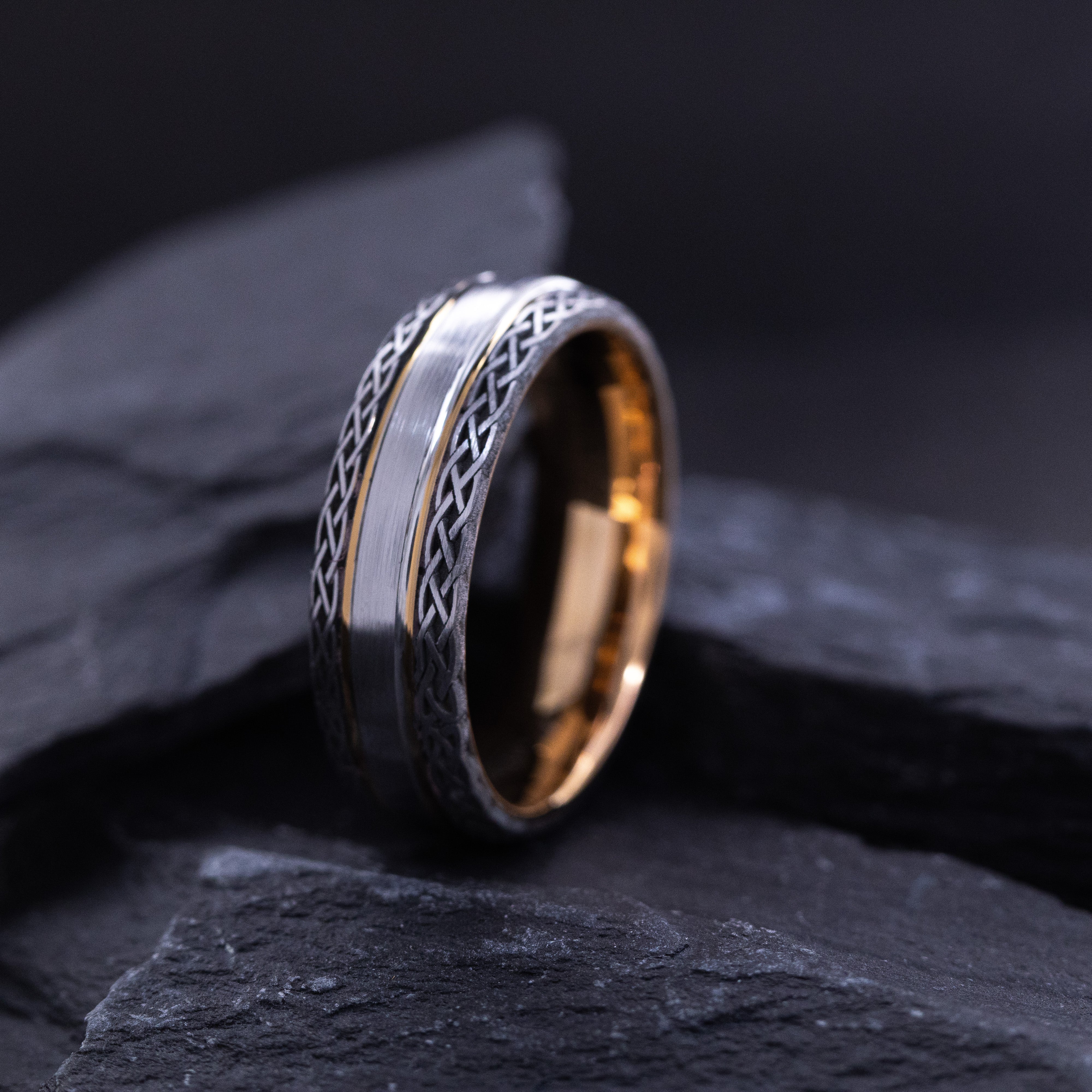 7mm Black and Rose Gold Plated Tungsten Carbide Grooved Ring with Engraved Celtic Knots