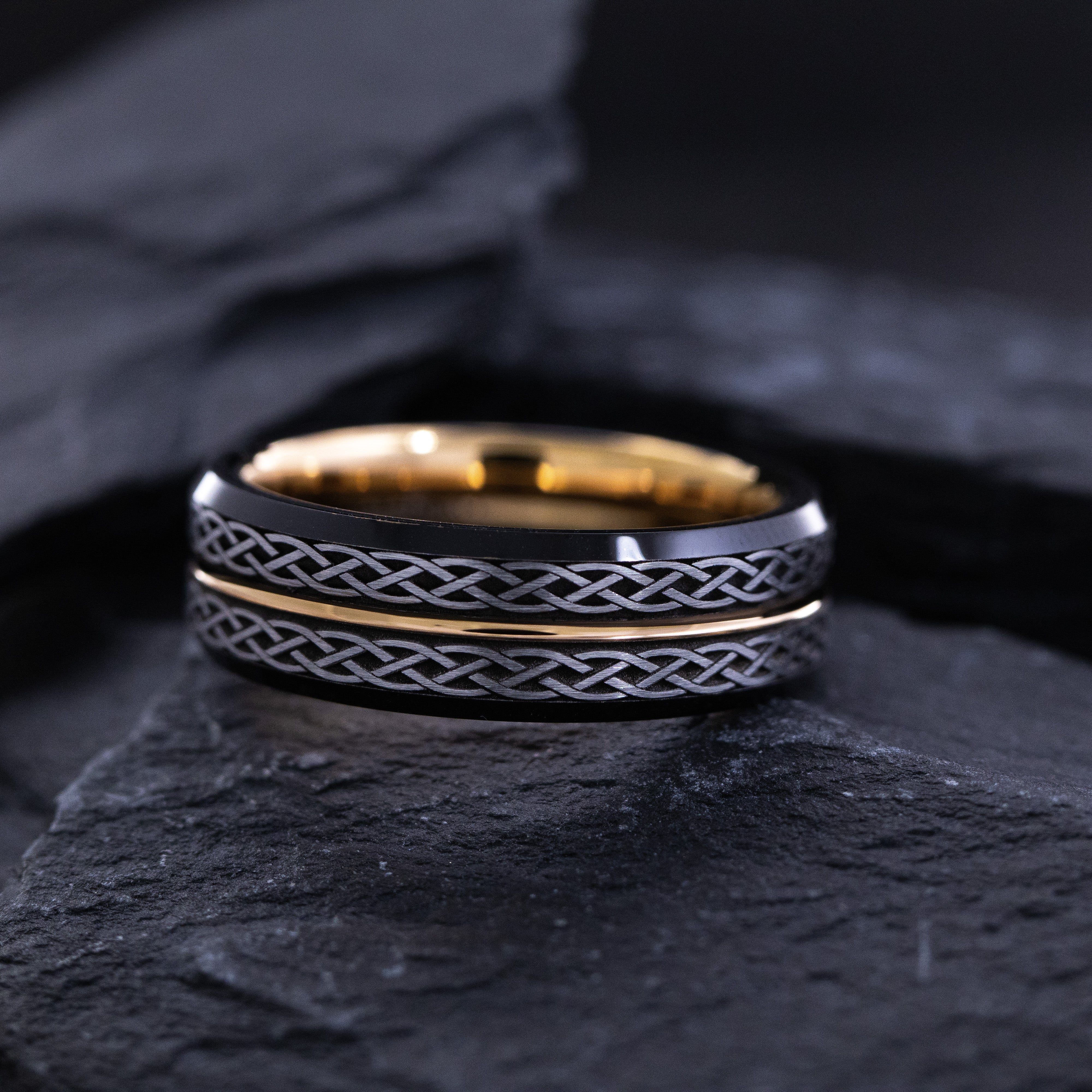 7mm Black and Rose Gold Plated Tungsten Carbide with Engraved Celtic Patterns