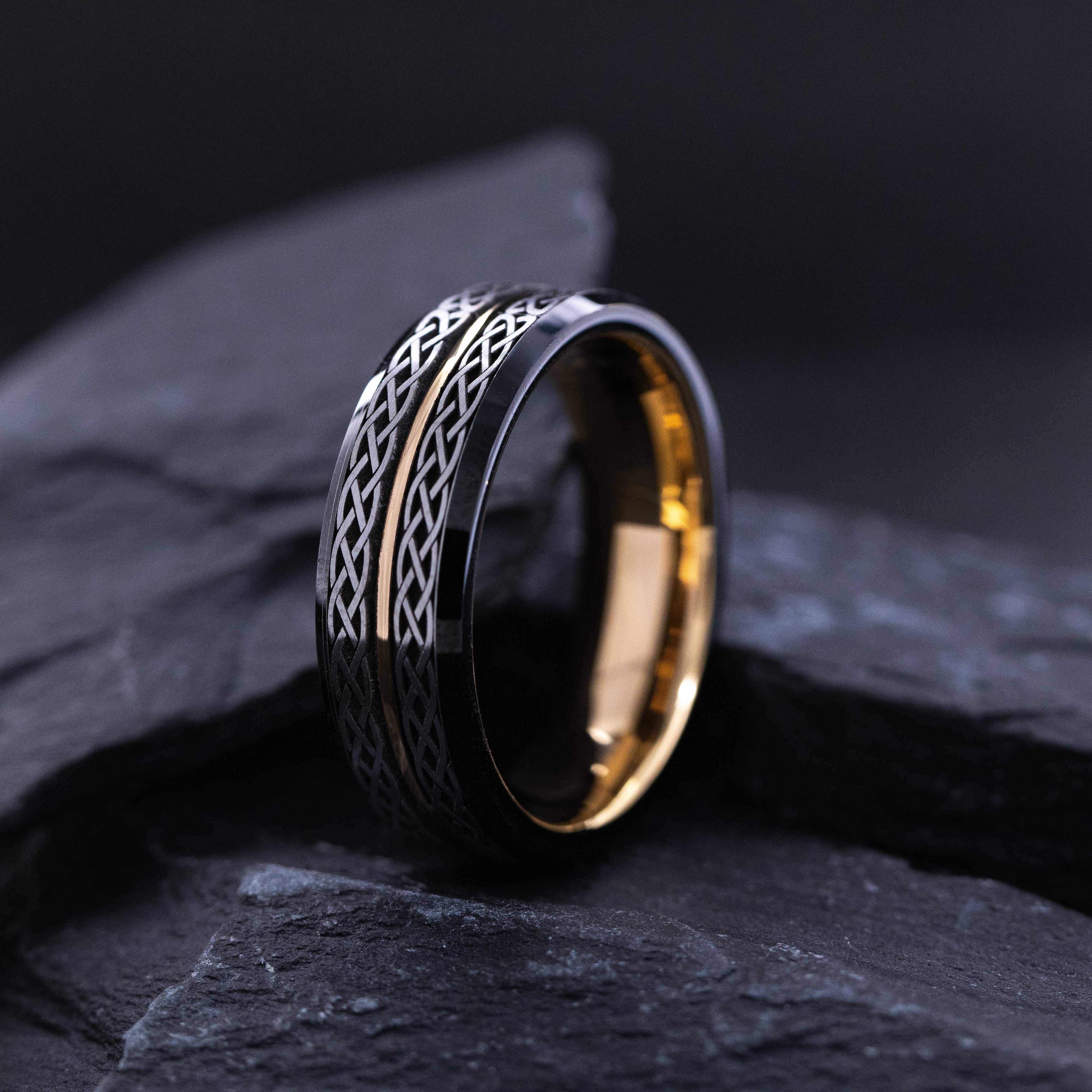 7mm Black and Rose Gold Plated Tungsten Carbide with Engraved Celtic Patterns