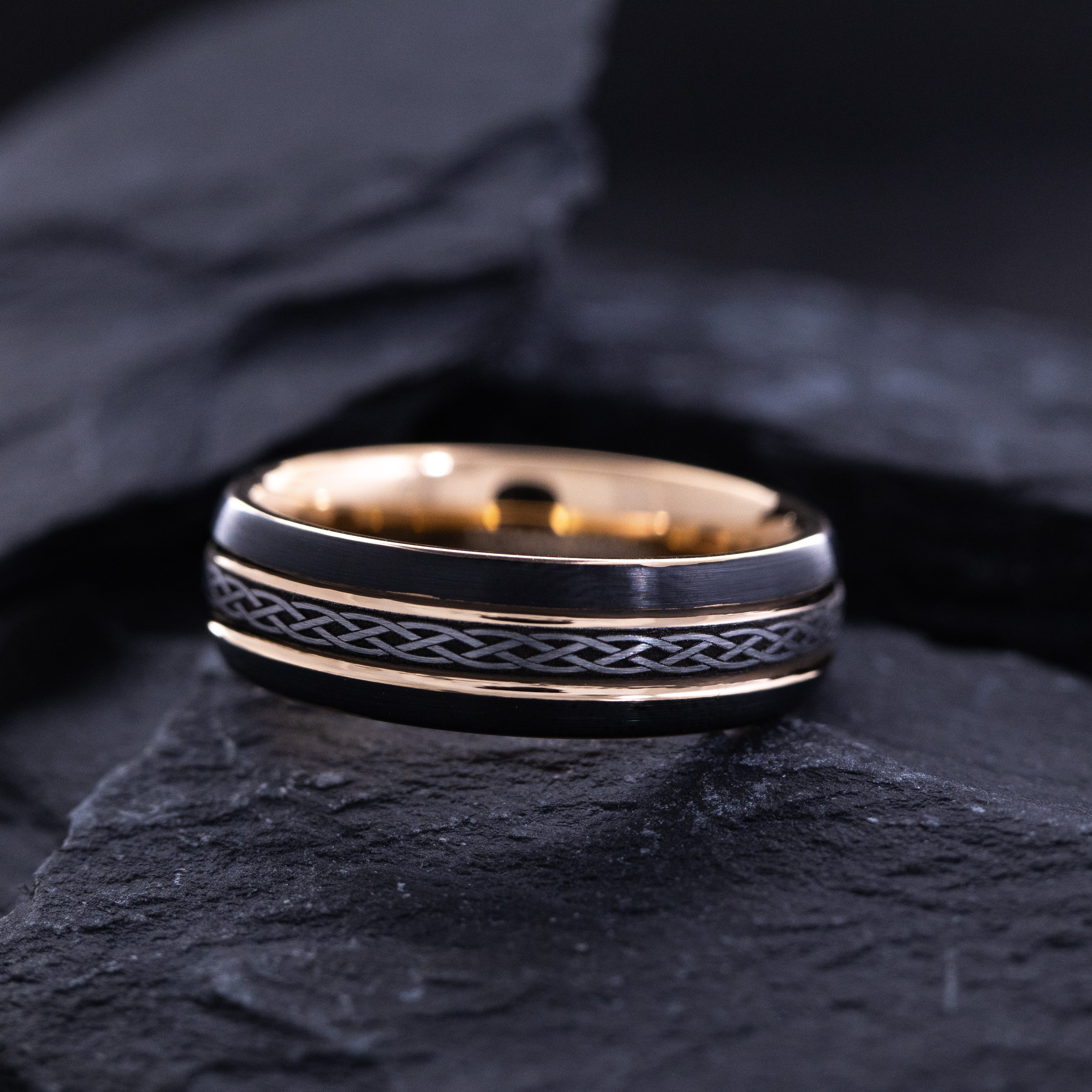 7mm Black and Rose Gold Plated Tungsten Carbide Band with Celtic Irish Engravings