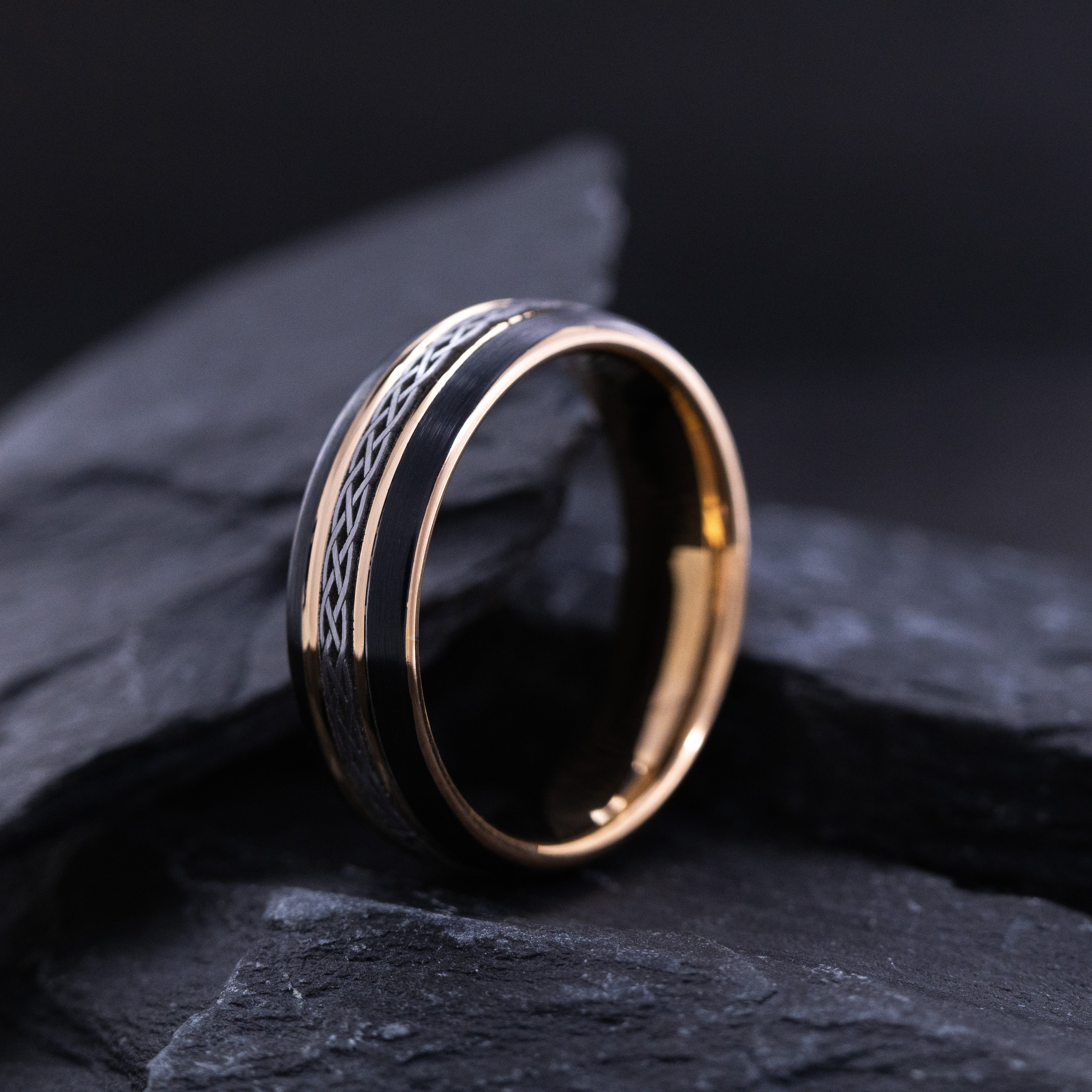 7mm Black and Rose Gold Plated Tungsten Carbide Band with Celtic Irish Engravings