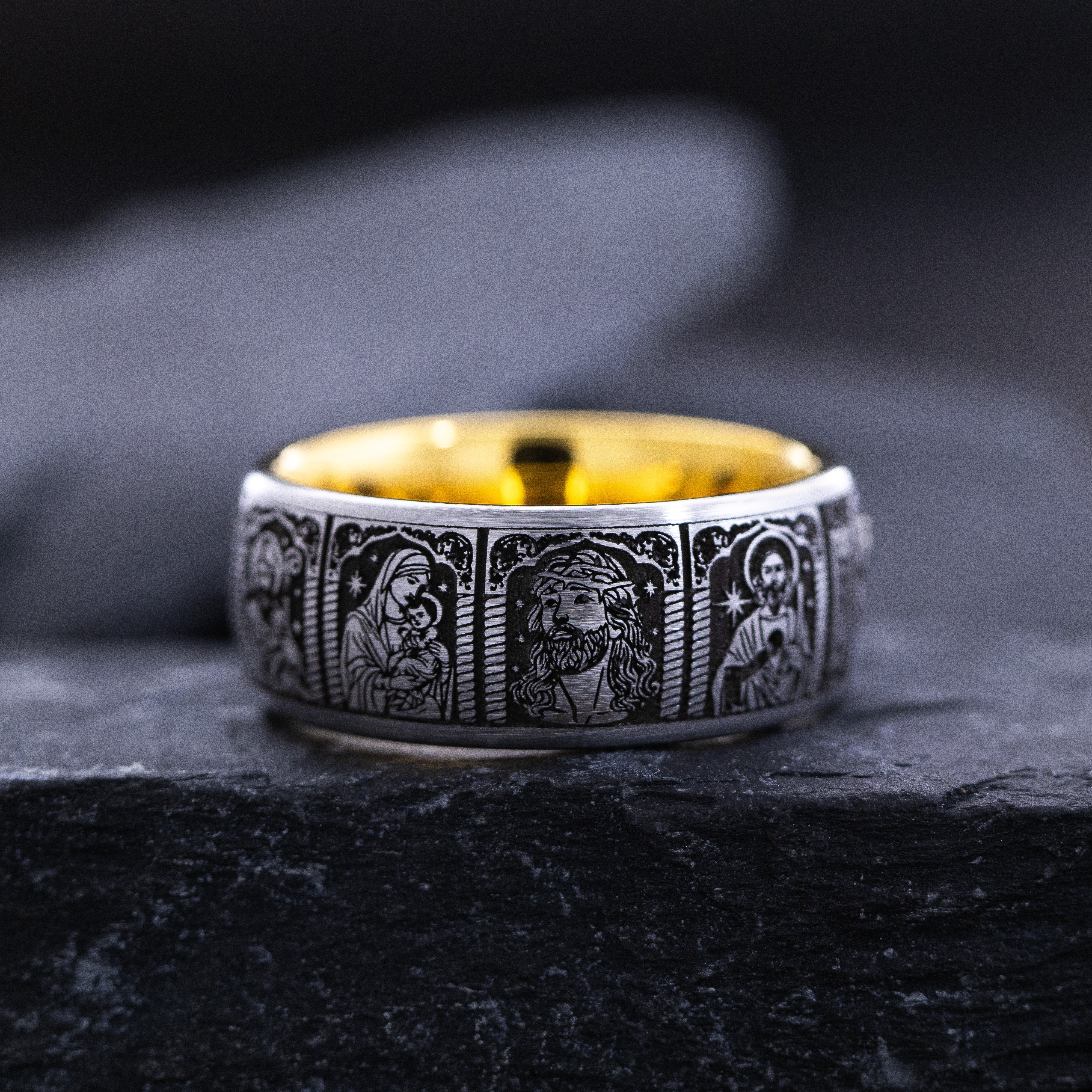 8mm Tungsten Carbide Ring with Yellow Gold Plating, Gemstone and Christian Saints Deep Engraved