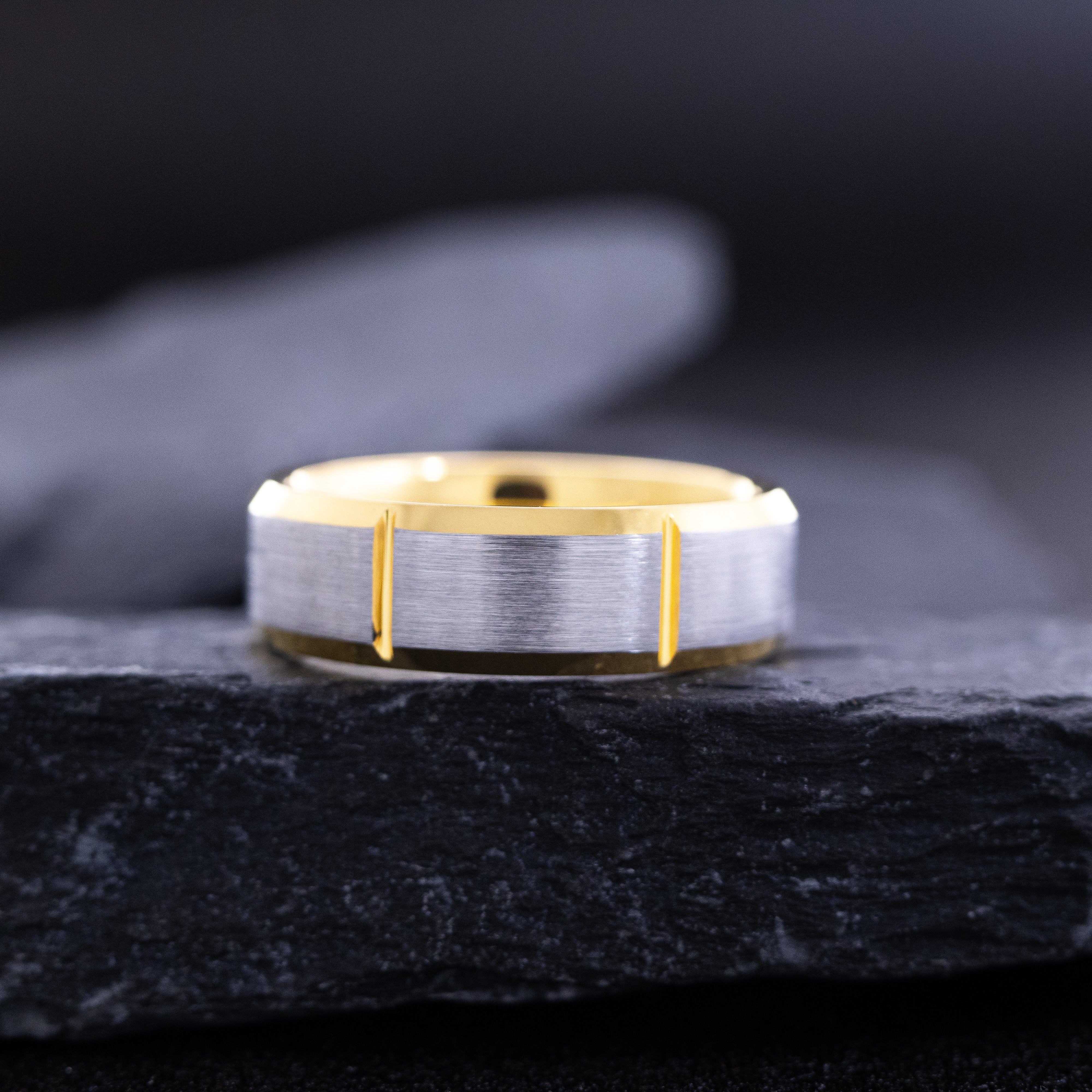 8mm Yellow Gold Plated and Notched Tungsten Carbide with Princess Cut Gemstone