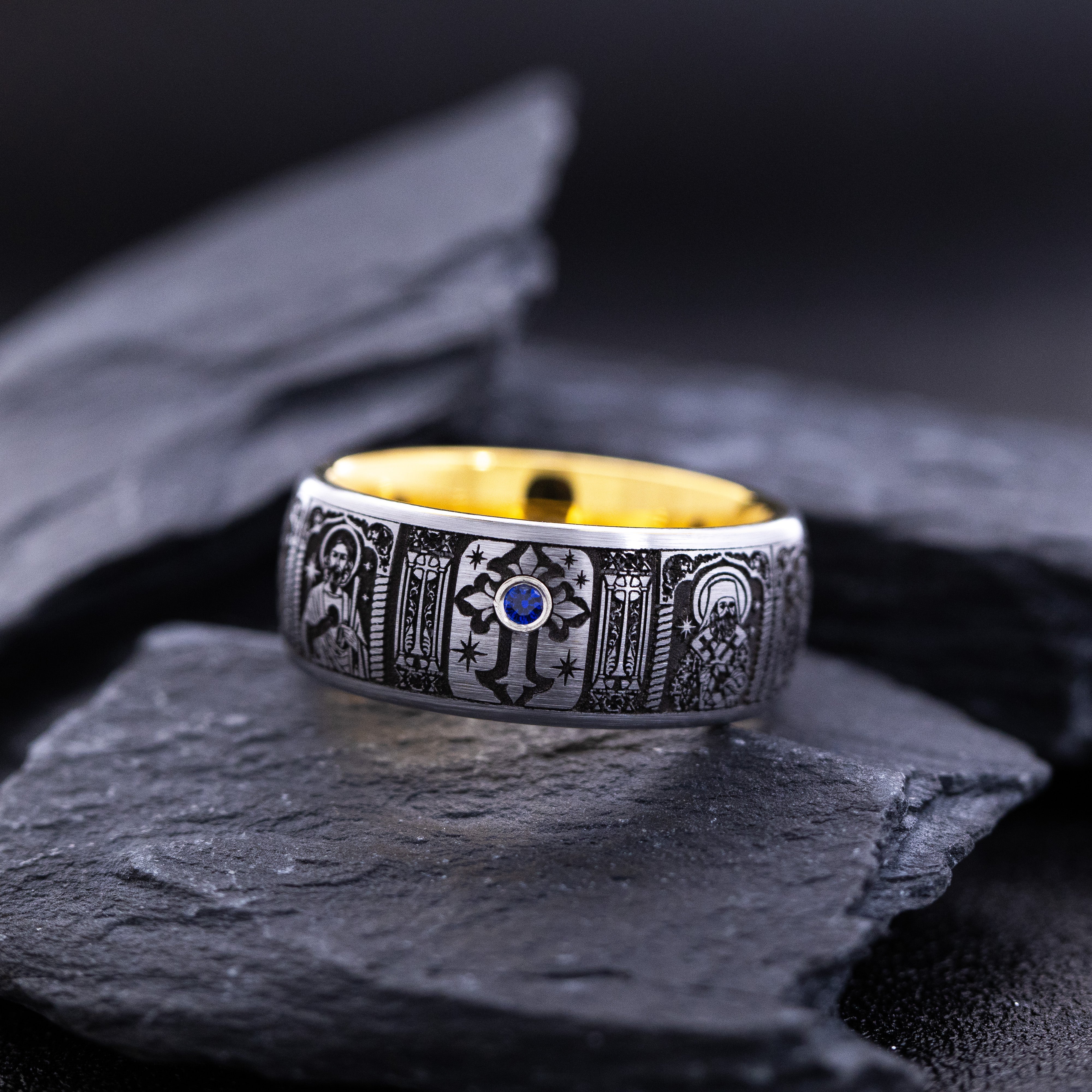 8mm Tungsten Carbide Ring with Yellow Gold Plating, Gemstone and Christian Saints Deep Engraved