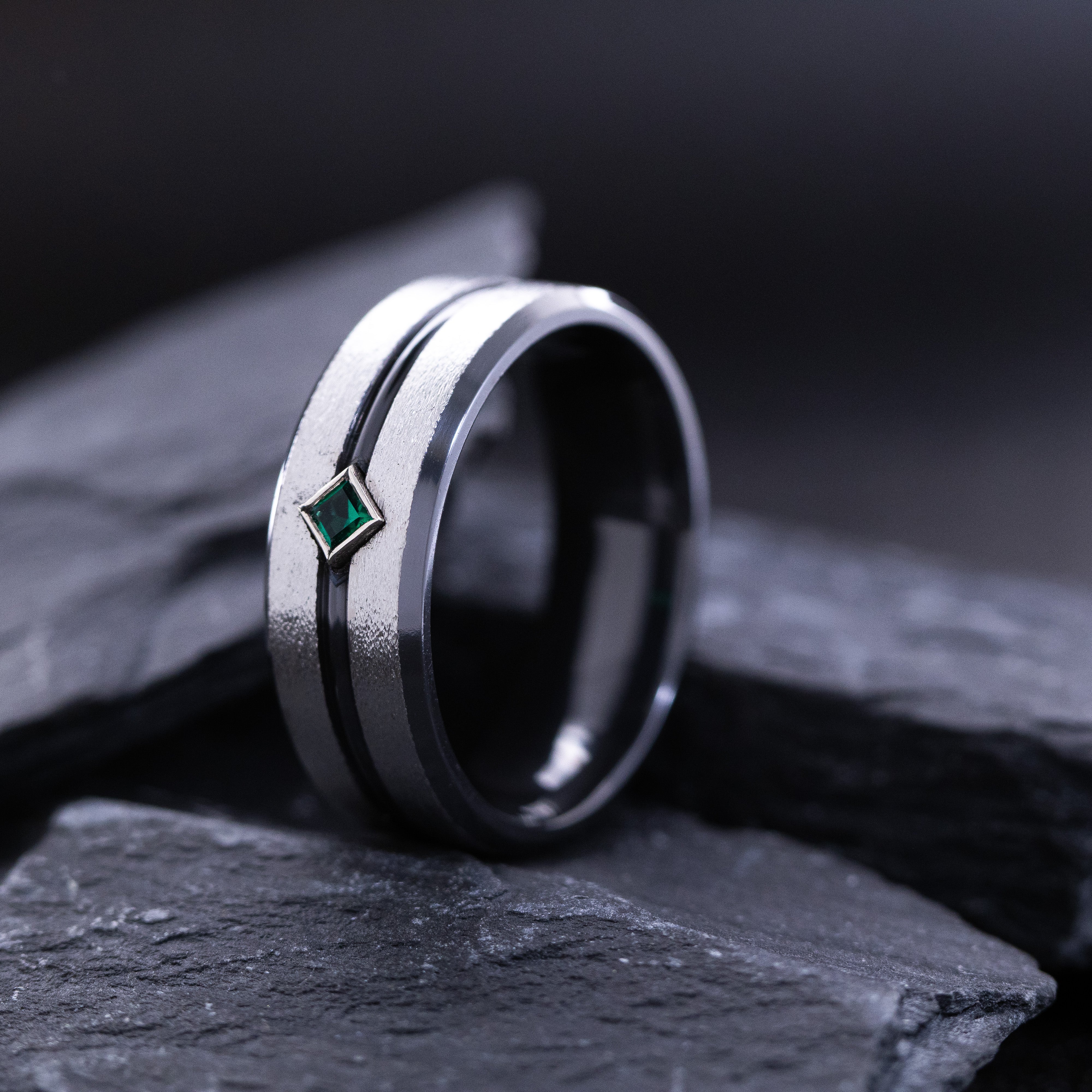 8mm Black Zirconium Band with Birthstone and Groove