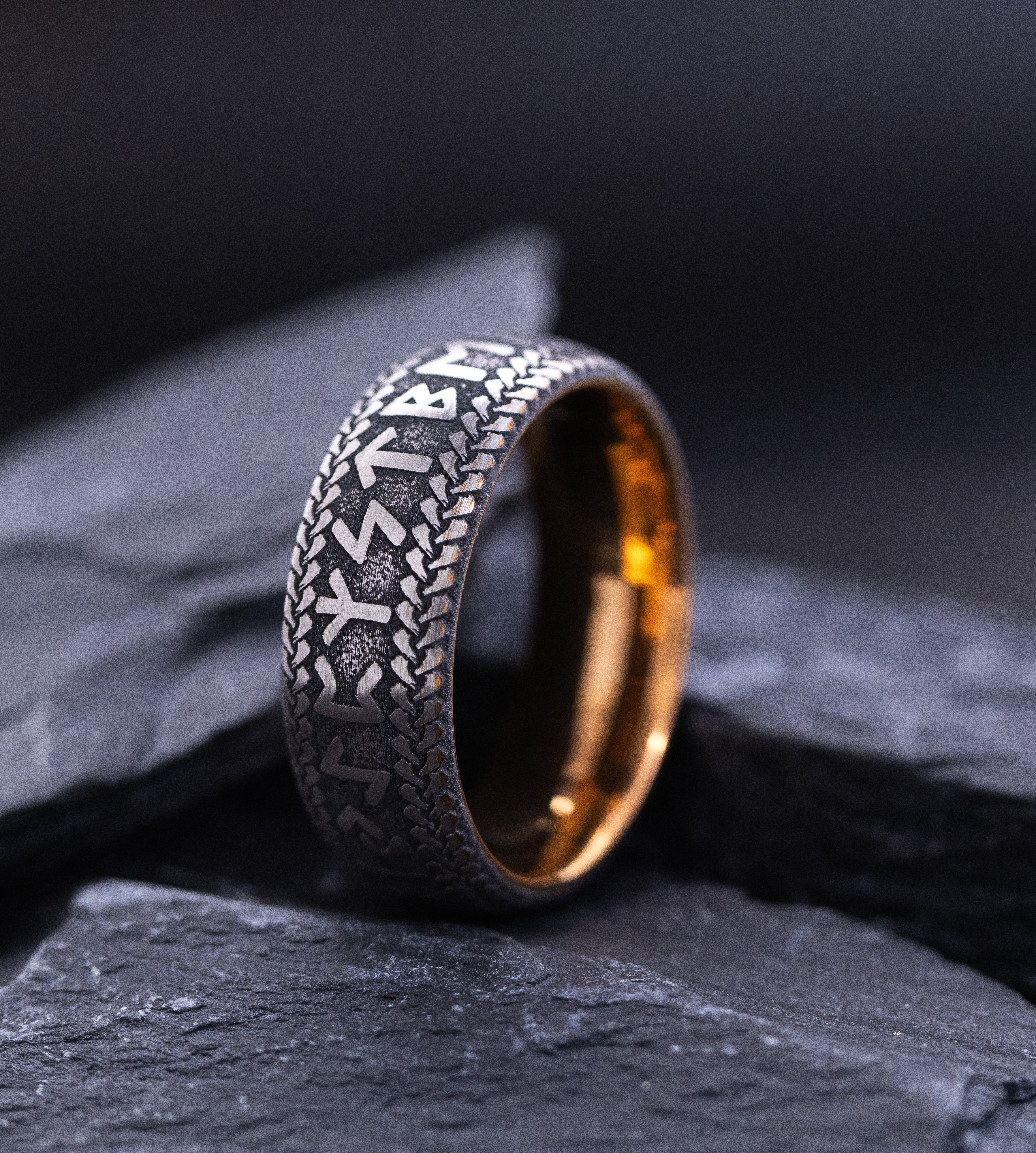 8mm Rose Gold Plated Tantalum Ring with Deep Engraved Norse Viking Runes