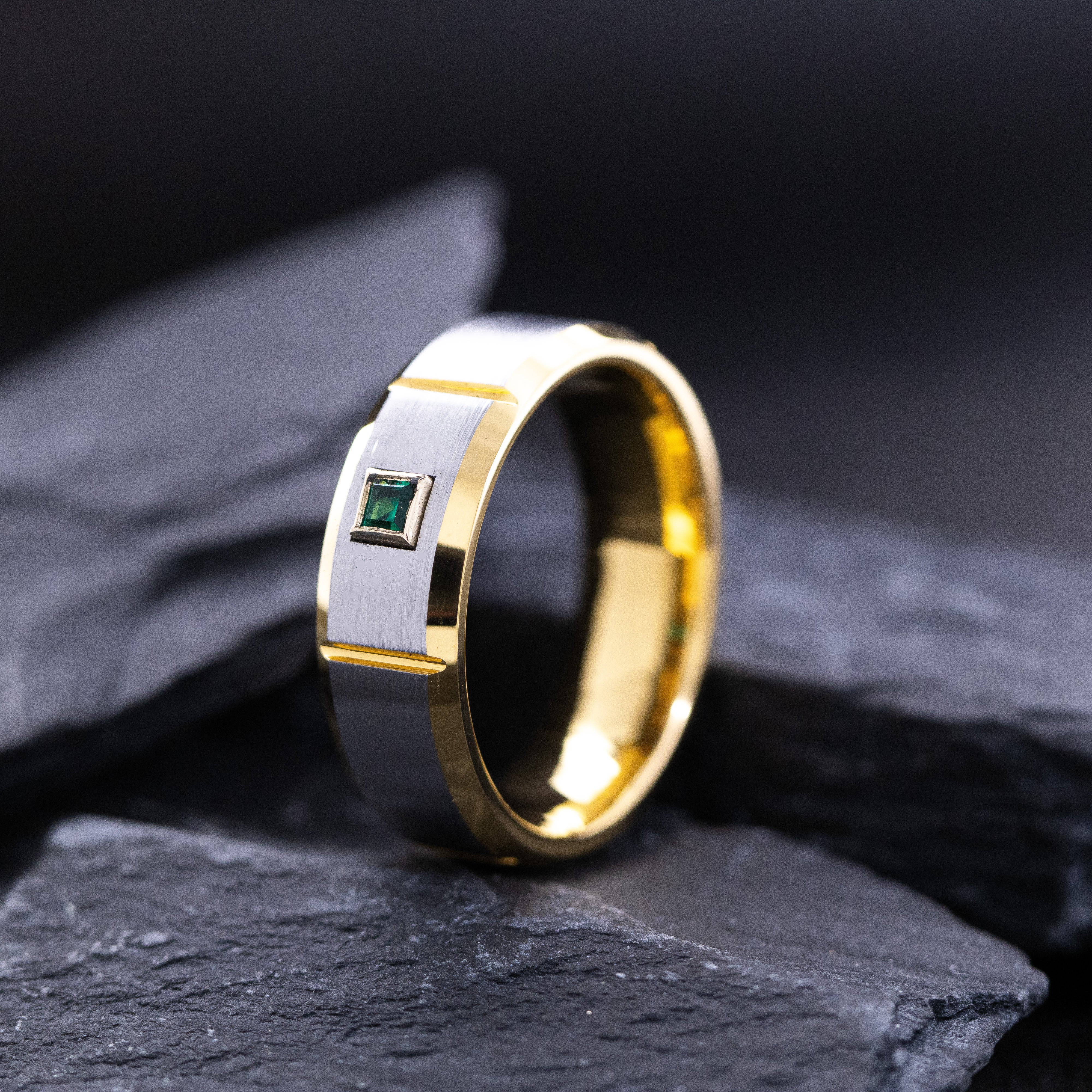 8mm Yellow Gold Plated and Notched Tungsten Carbide with Princess Cut Gemstone