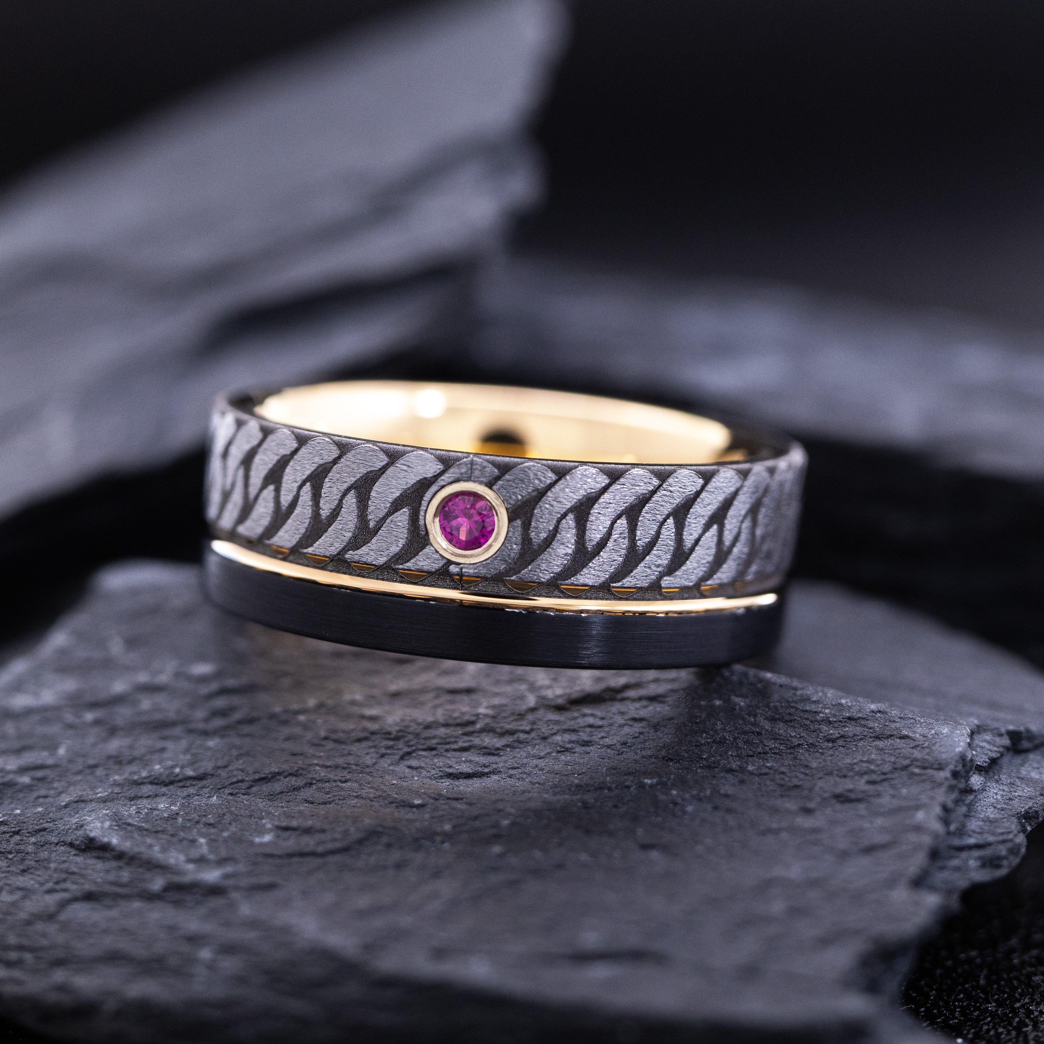 Rose Gold Plated 8mm Black Tungsten Carbide Ring with Engraved Celtic Knot and Birthstone