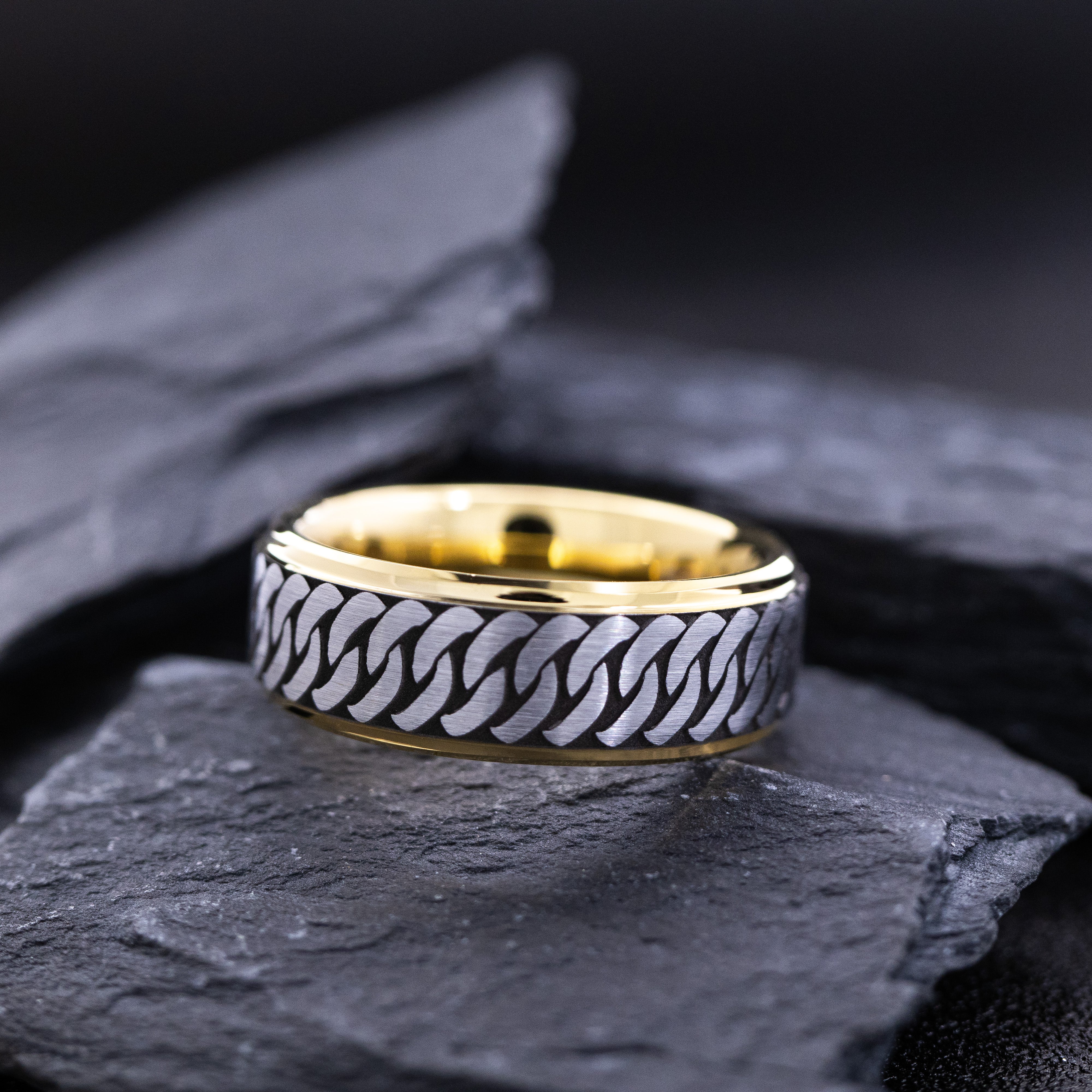 8mm Yellow Gold Plated and Silver Celtic Knot Tungsten Ring with Deep Black Engraving