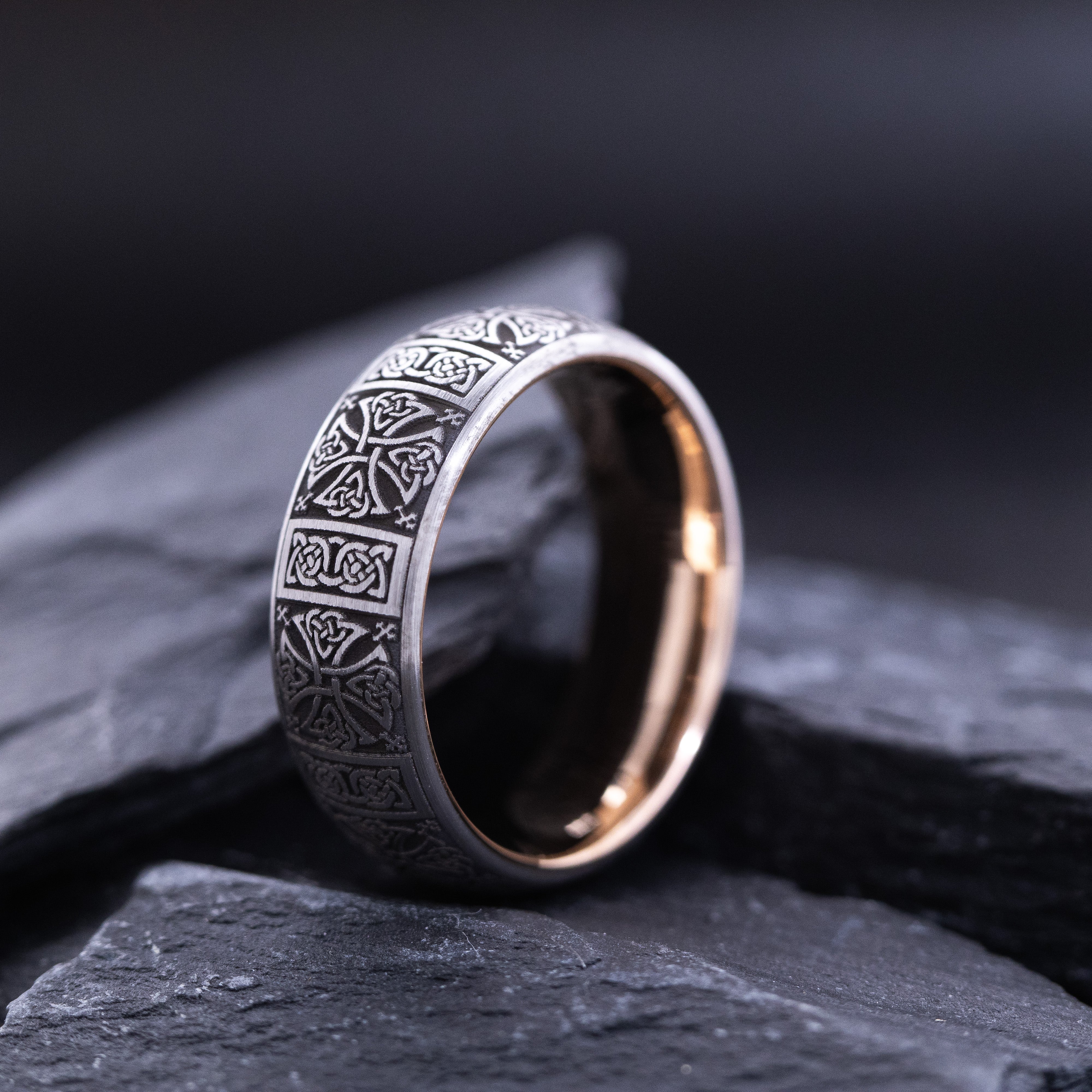 Rose Gold Plated 8mm Tungsten Carbide Ring with Celtic Engravings