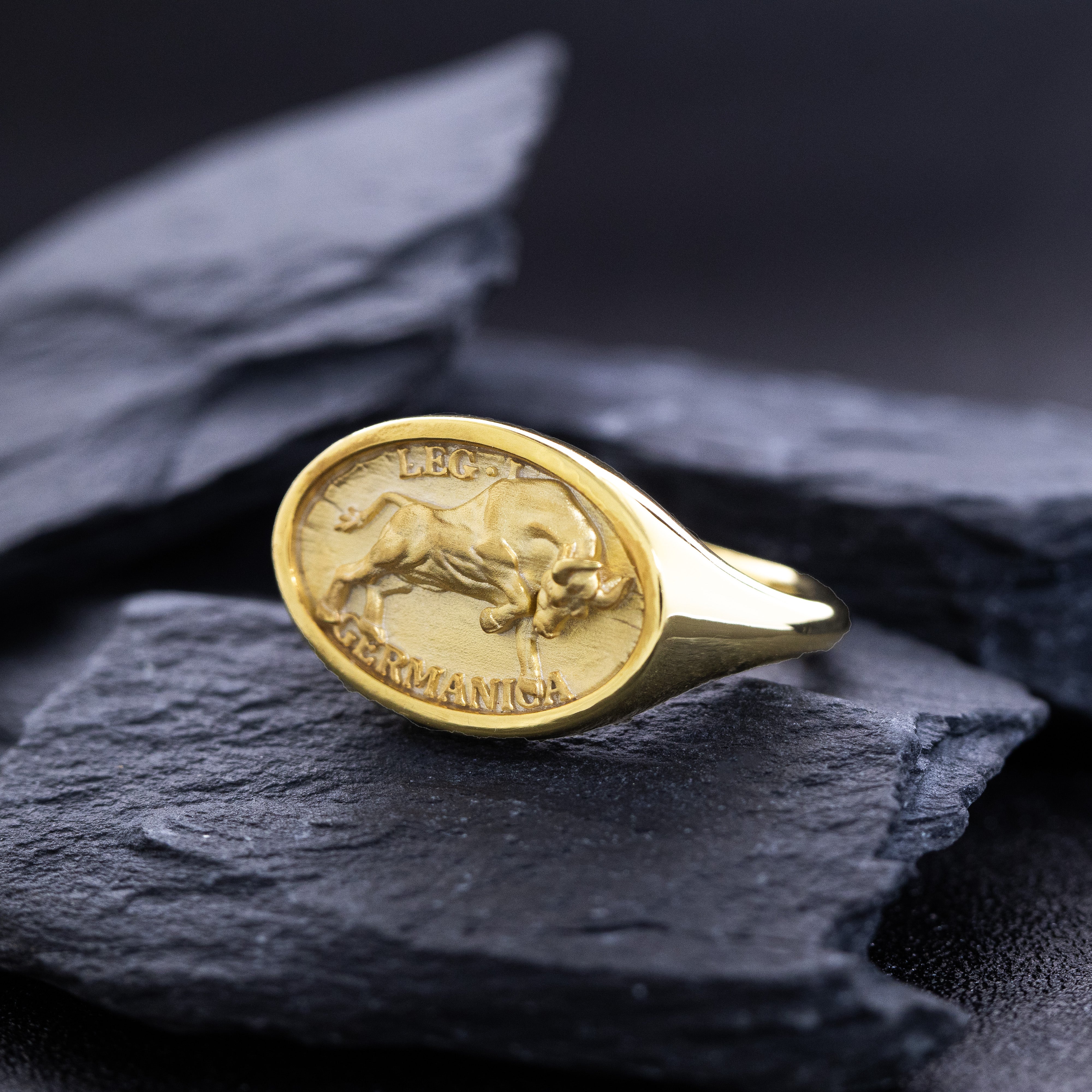 Ancient Roman Signet Ring, 14k Solid Yellow Gold Ring with Legio I Germanica Banner