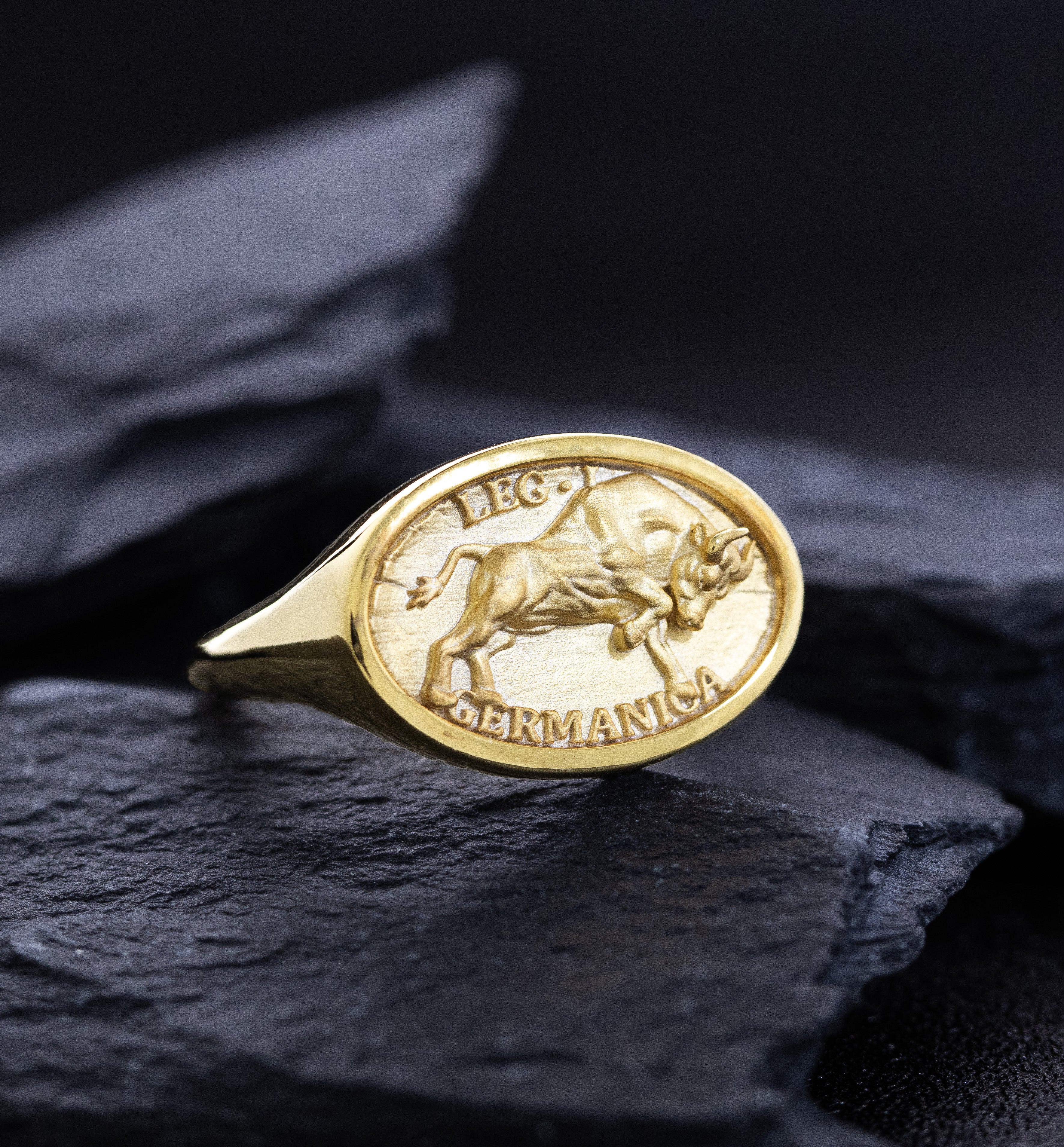 Ancient Roman Signet Ring, 14k Solid Yellow Gold Ring with Legio I Germanica Banner