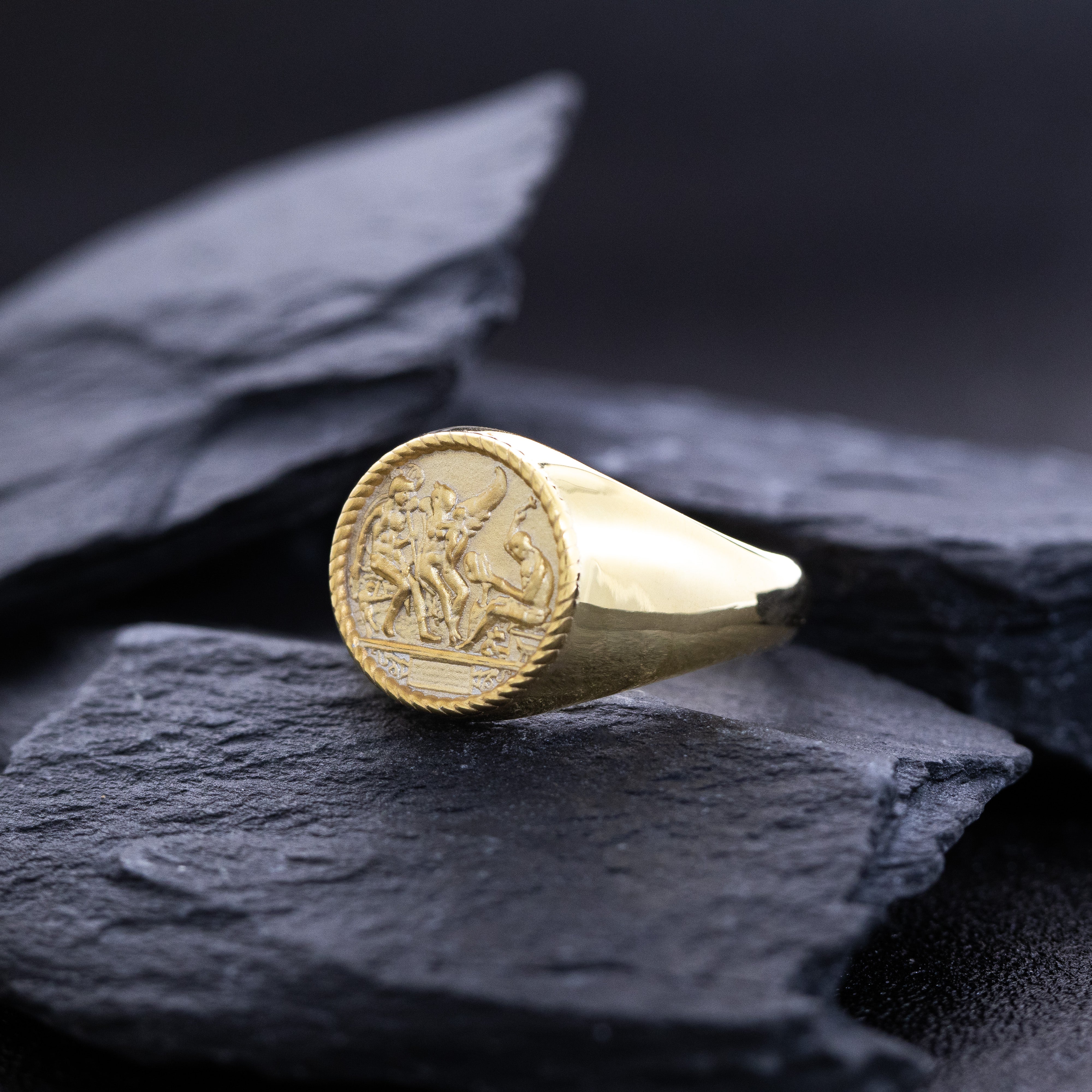 Renaissance Signet Ring, 14k Solid Yellow Gold Ring with Depiction of Roman Deities